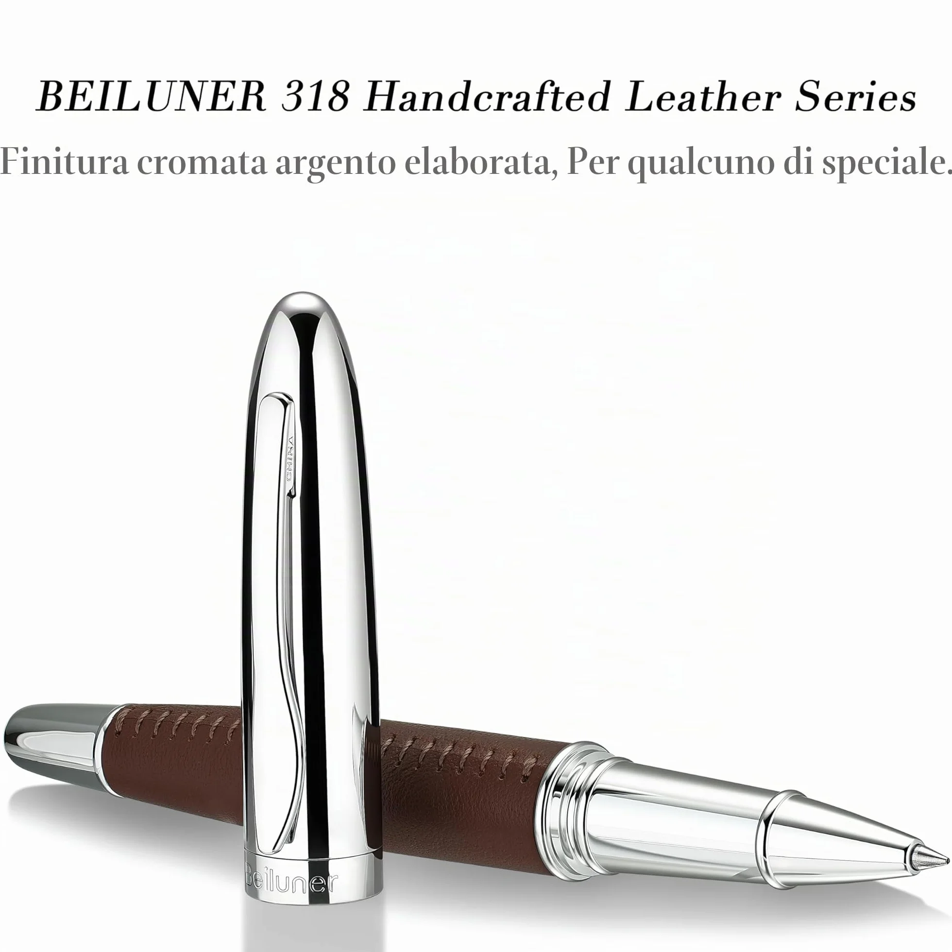BEILUNER 318 Penna Rollerball di Lusso in Pelle, Pelle Premium Cucita a Mano & Finitura Cromata, Ricambio Schmidt, Miglior Set Regalo Manageriale per Uomo e Donna, Penna Riempiibile - Marrone