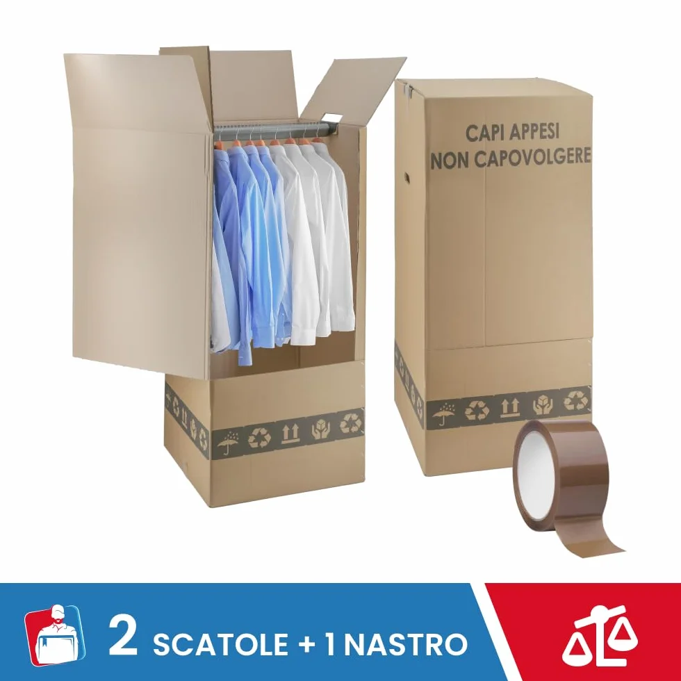 IMBALLAGGI 2000 Scatole Cartone Porta Abiti con Barra Appendiabiti 50x50 cm h 110 cm Scatoloni Doppia Onda per Trasloco Armadio 2 pezzi + Nastro Adesivo