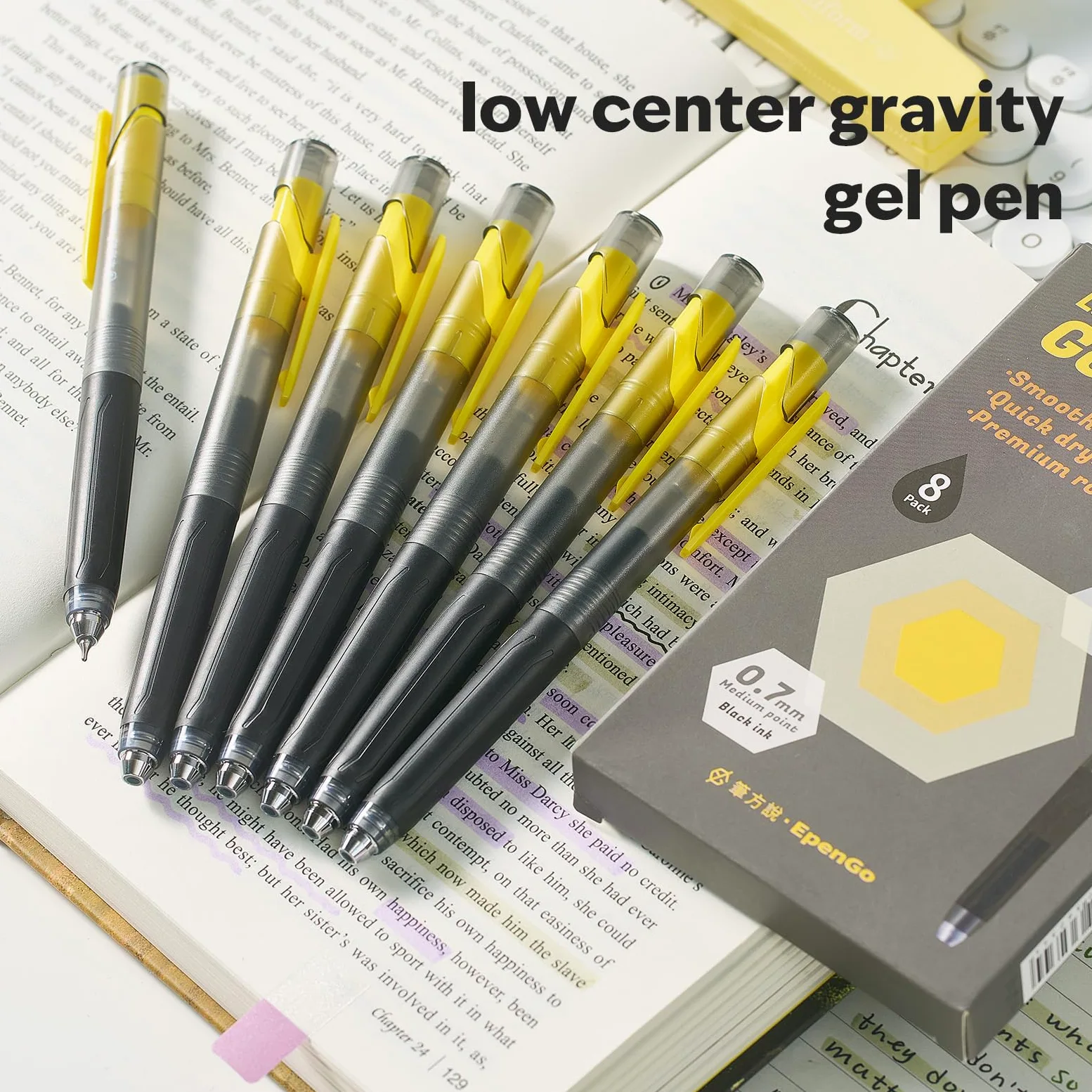 Set di 8 penne gel nere, punta fine e liscia, centro di gravità basso, punta media da 0,7 mm, ad asciugatura rapida, inchiostro nero, per ufficio, scuola, diario, prendere appunti