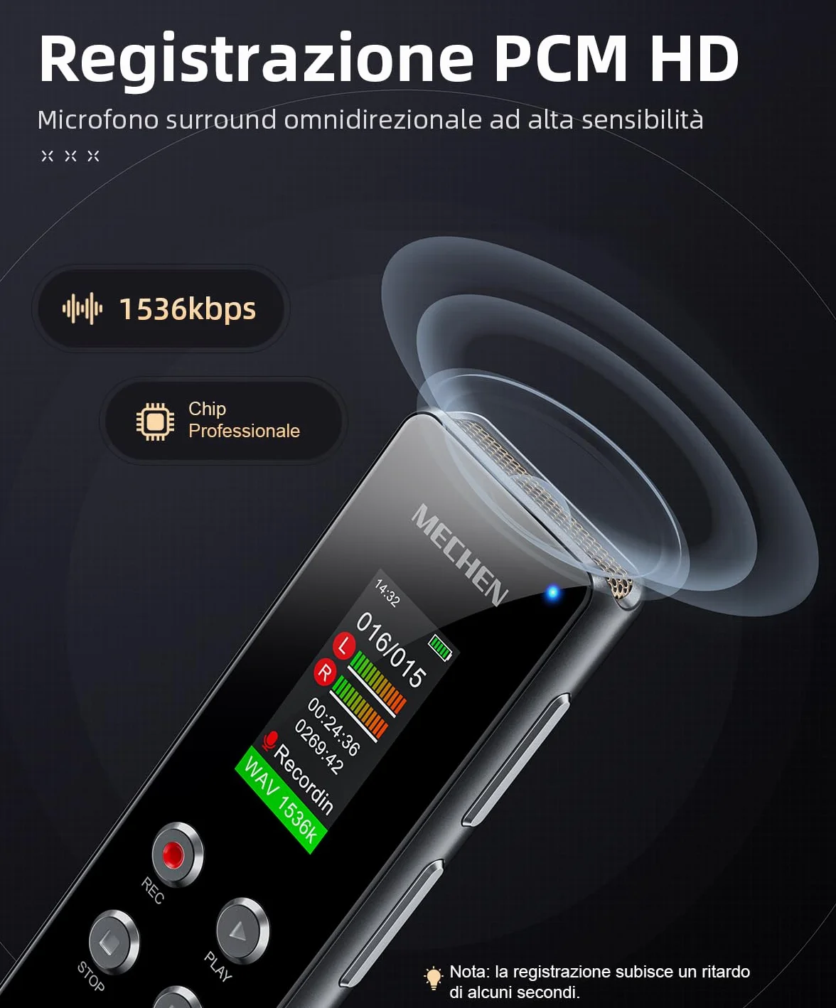 MECHEN V01 Registratore Vocale da 128GB, Registratore di Voce con Registrazione Anticipata, Protezione con Password, Riduzione Automatica del Rumore, 300mAh (15 Ore di Durata) (128, GB)