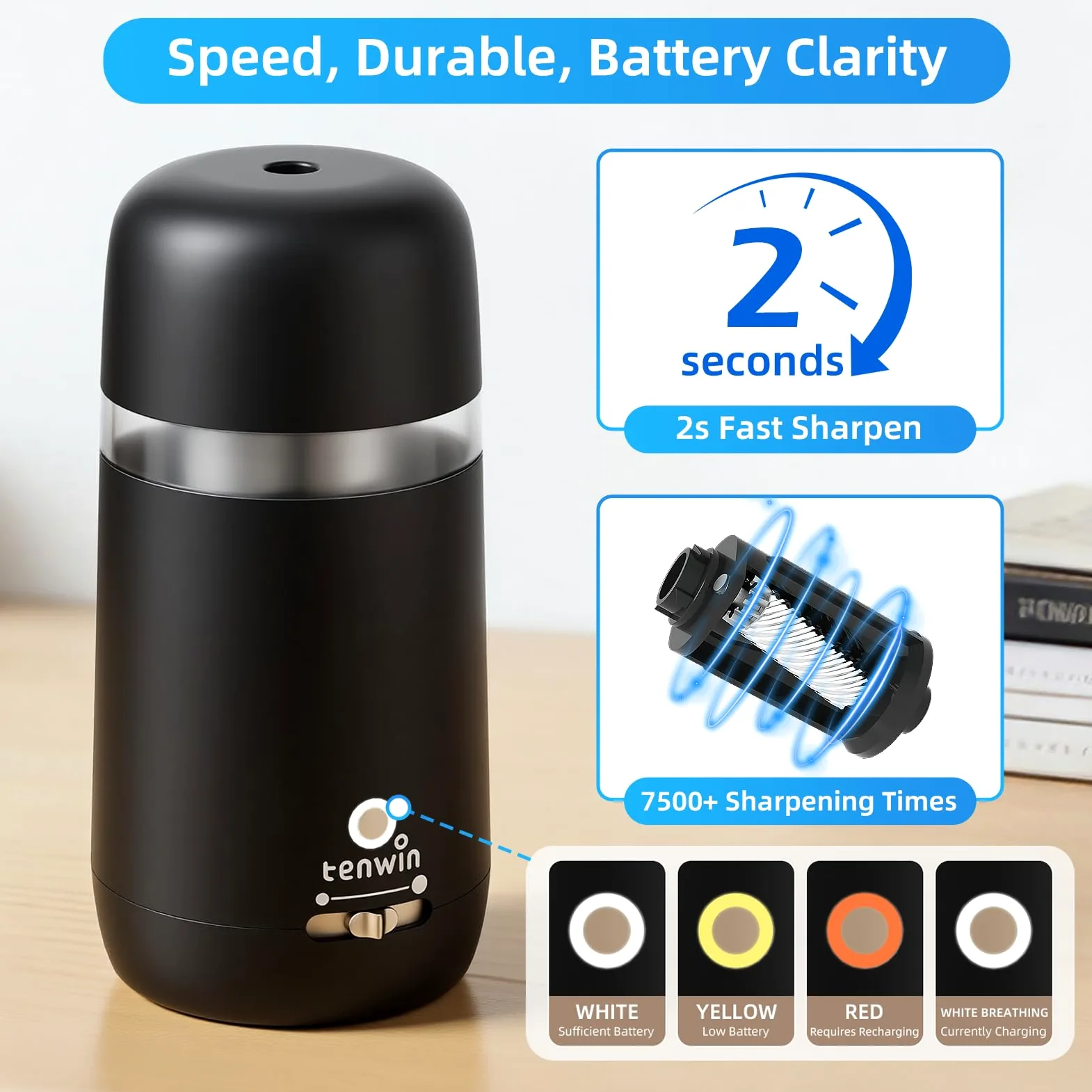 tenwin Temperamatite elettrico completamente automatico, ricaricabile e portatile, veloce da 7 – 12 mm matite e matite colorate, ideale per casa, ufficio e scuola (nero)