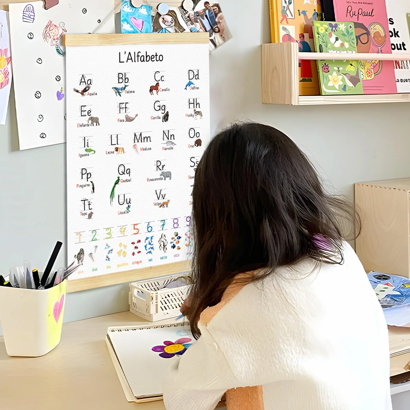 GEBETTER Alfabetiere Murale da Appendere Scuola con Numeri Animali, Poster Lettere Italiano Abecedario da Muro