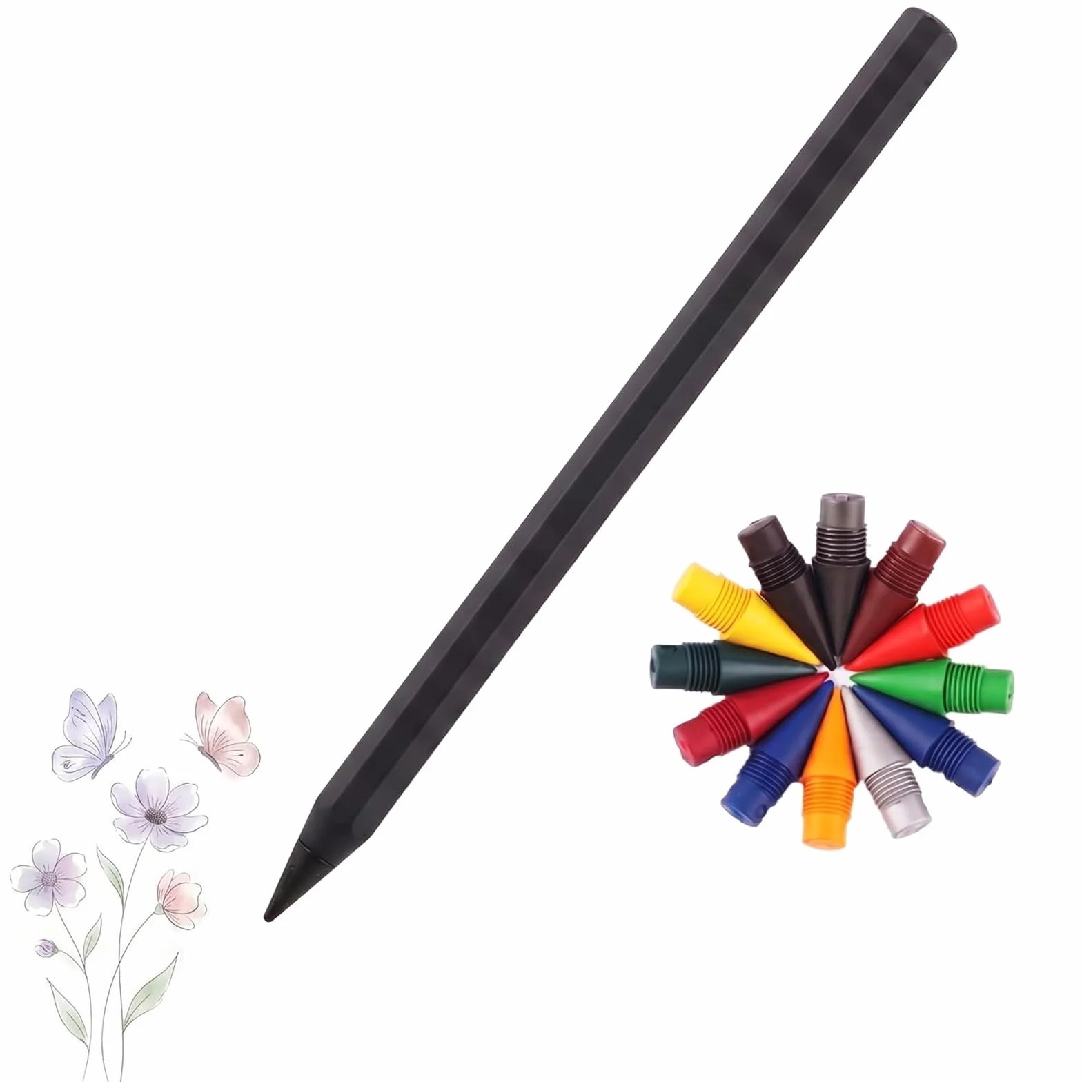Matita Infinità Metallo 2 Pezzi, Matita Eterna Senza Inchiostro con 12 Mine di Ricambio Colorate, Perpetua Riutilizzabile per Scrittura e Disegno, Gadget Tecnologici (Nero)