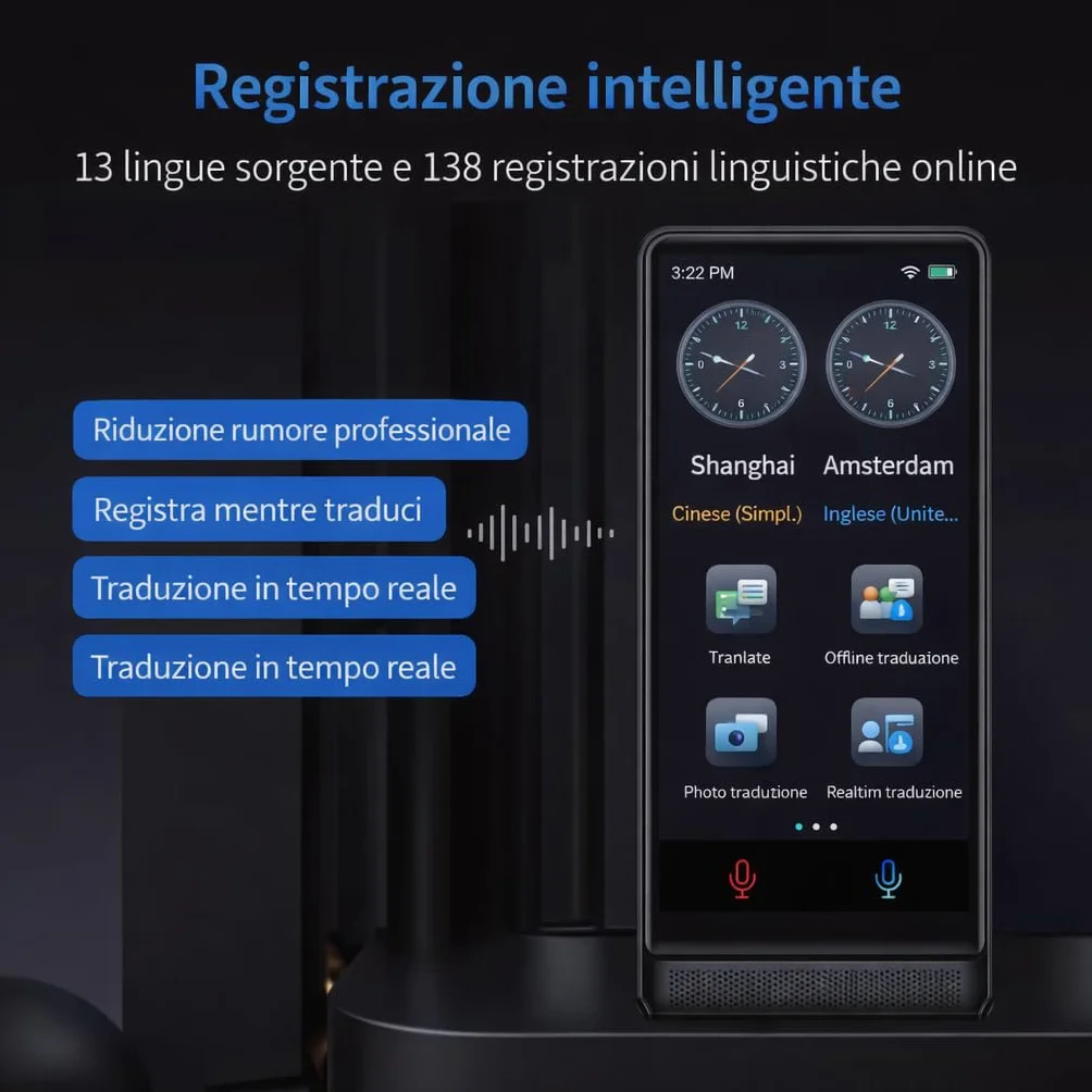 California PRO 2026, Traduttore Vocale Istantaneo Senza WiFi, Schermo Touch 4 Pollici, Alluminio Premium, 142 Lingue Online 22 Offline, Traduttore Portatile con IA