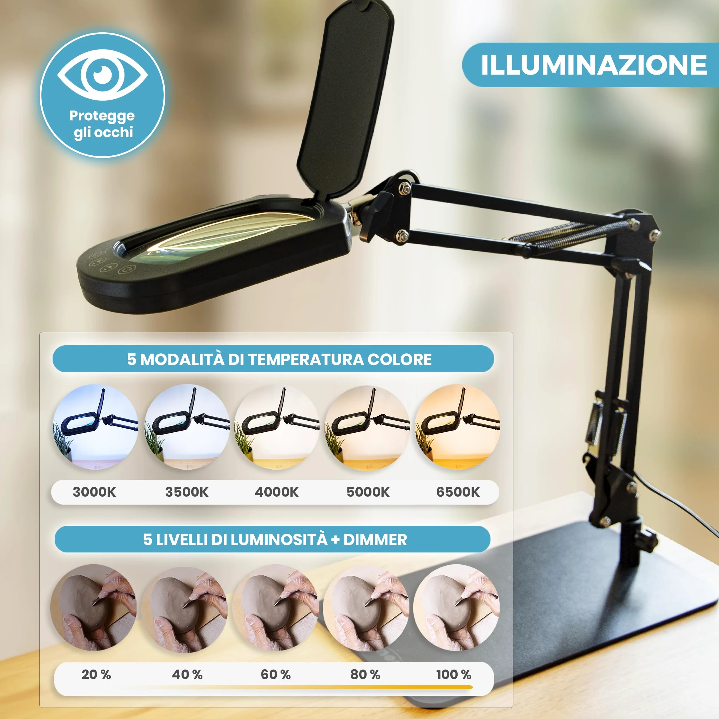 Lampada con Lente Ingrandimento 10X LED Rettangolare Morsetto Base | In vero vetro ottico e robusta struttura in metallo. Per modellismo, lettura, ricamo, estetista, pittura miniature e cucito.