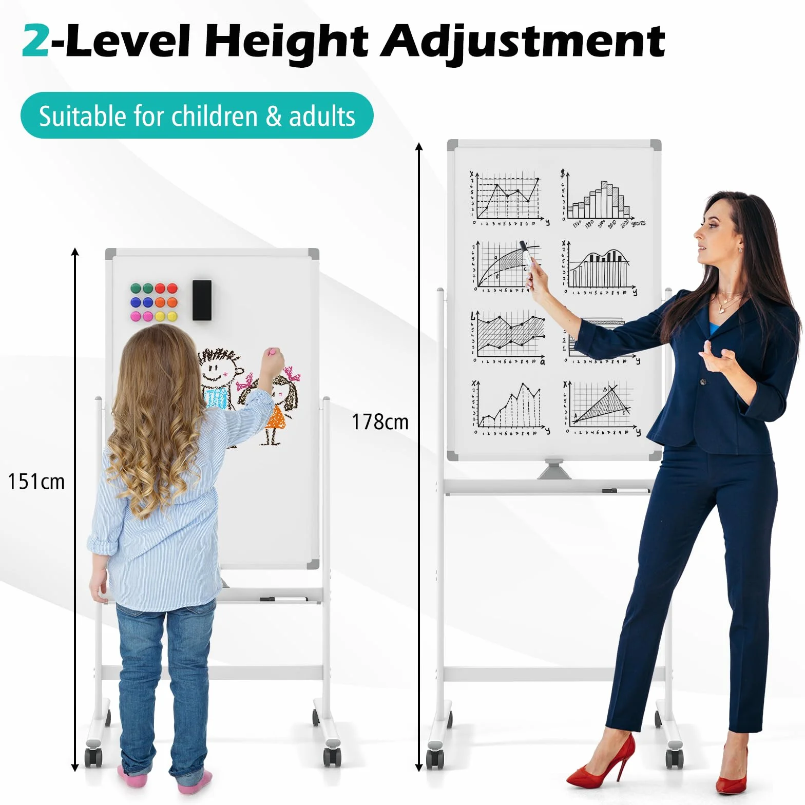 GYMAX Lavagna Magnetica con 4 Ruote, Lavagna Bifacciale con Set di Accessori, Cancellabile a Secco, Lavagna Mobile Regolabile in Altezza, per Scuola, Ufficio, Casa (60 x 90cm, Bianco)
