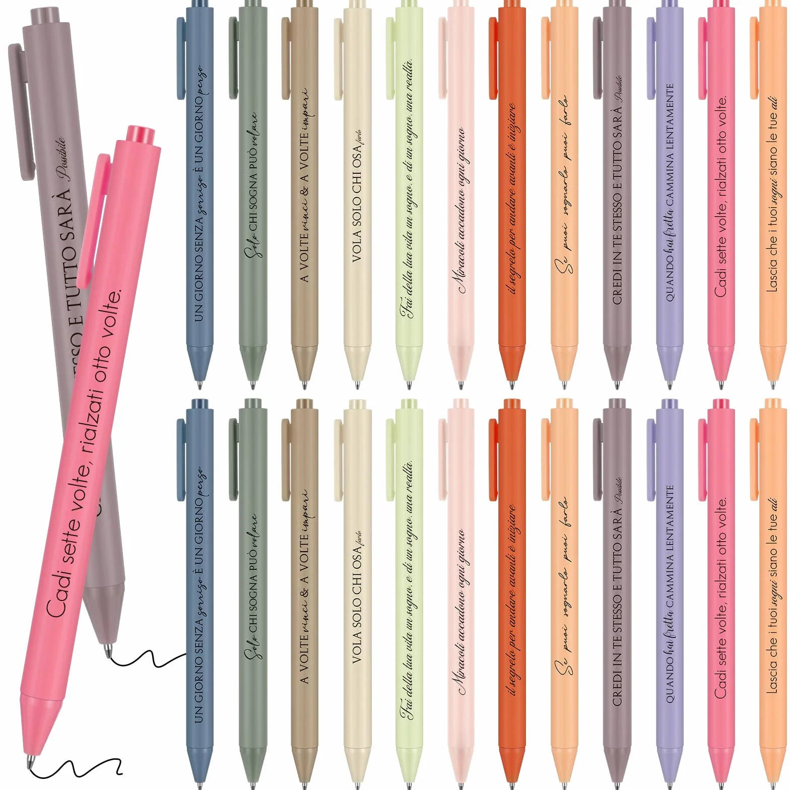 Set di 24 Penne a Sfera a Scatto con Citazioni Motivazionali in Italiano - Inchiostro Nero, Colori Assortiti, Idea Regalo