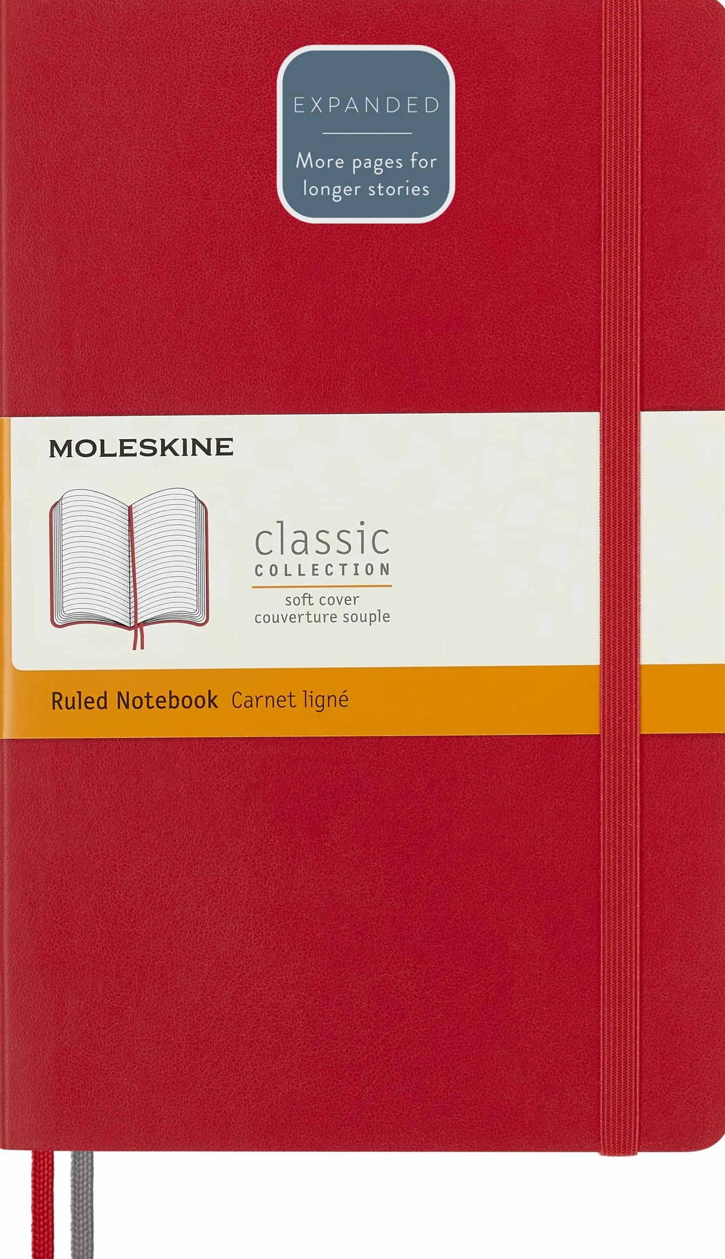 Moleskine Classic Notebook Expanded, Taccuino a Righe, Copertina Morbida e Chiusura Elastica, Formato Large 13 x 21 cm, Colore Rosso Scarlatto, 400 Pagine