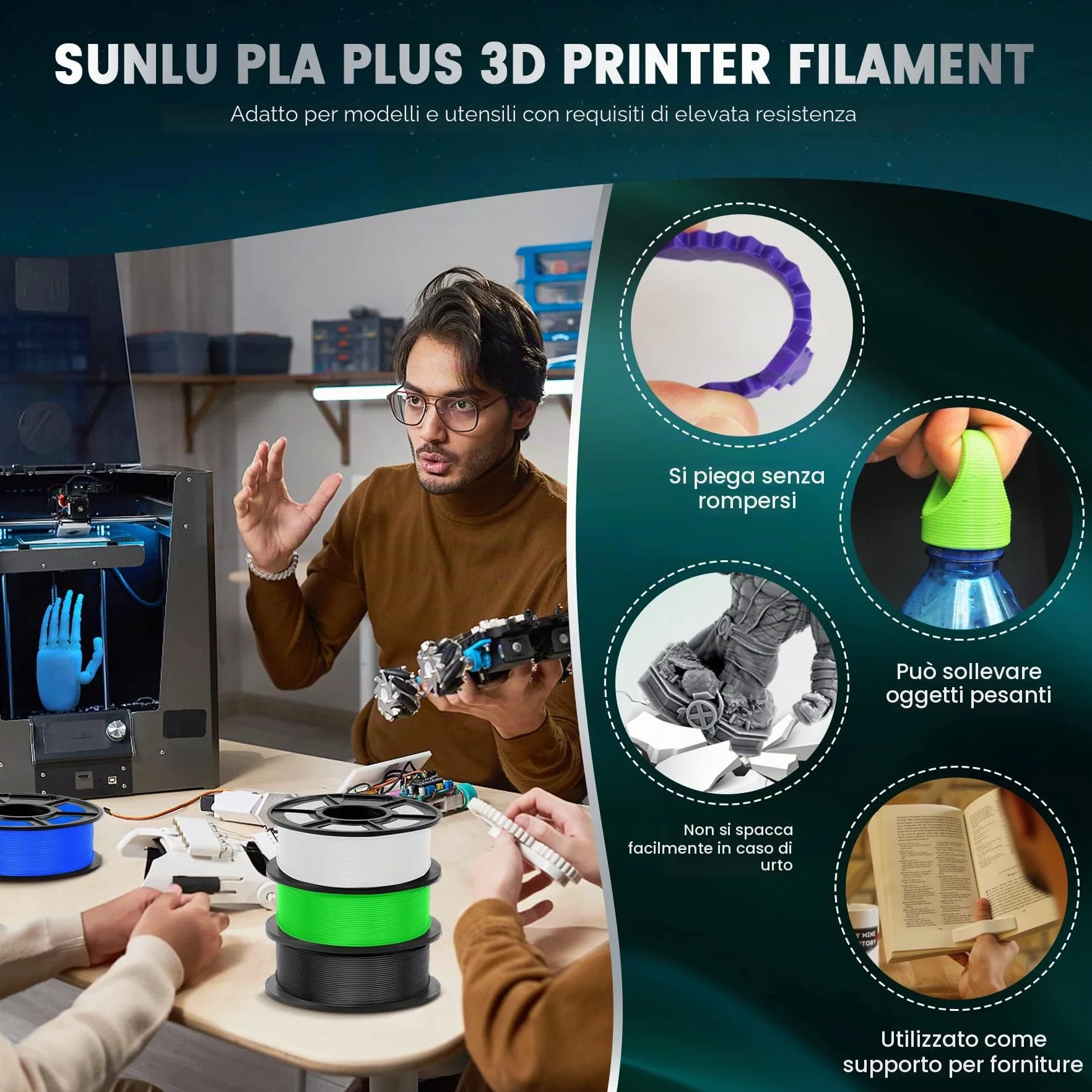 SUNLU PLA+ Filamento 1,75mm 1KG Bianco per Stampante 3D FDM Alta Resistenza