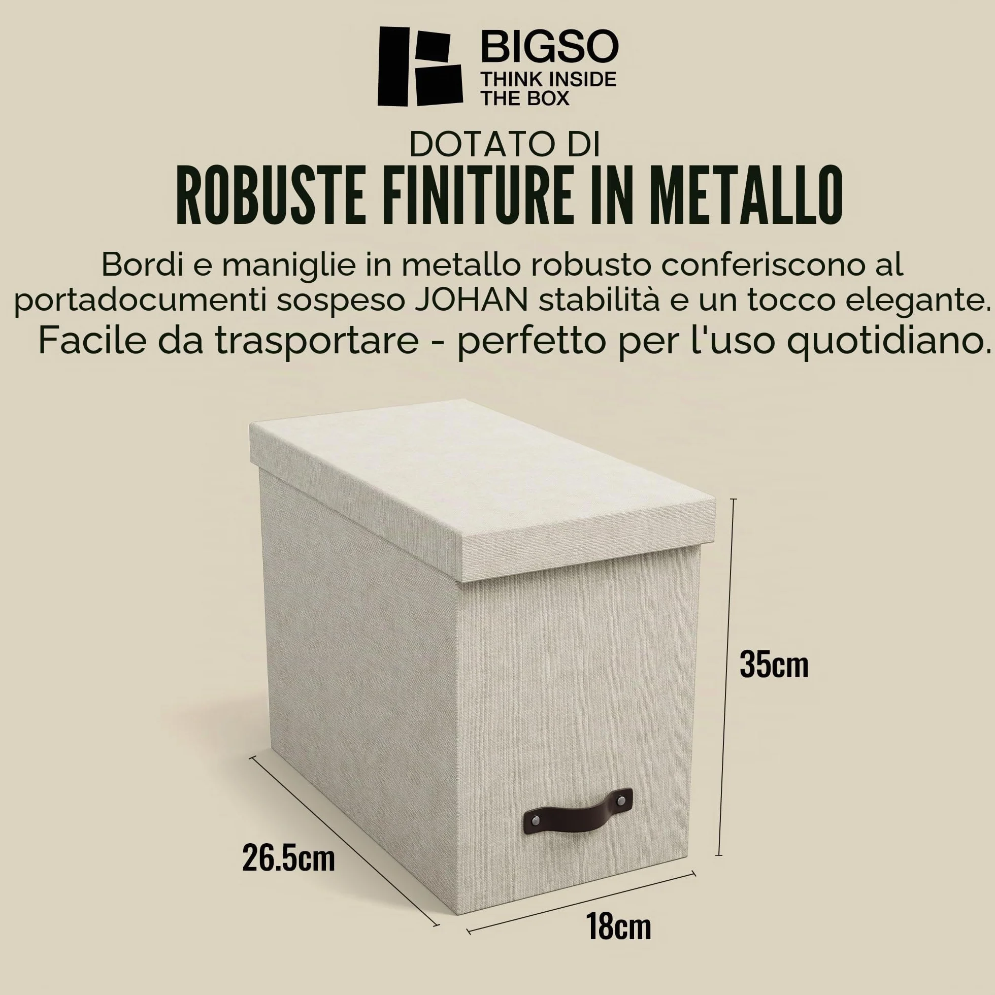 Bigso Box of Sweden Contenitore per documenti con coperchio - Raccoglitori da scrivania con 8 cartelle sospese - Raccoglitori documenti in fibra di legno e carta effetto lino - beige