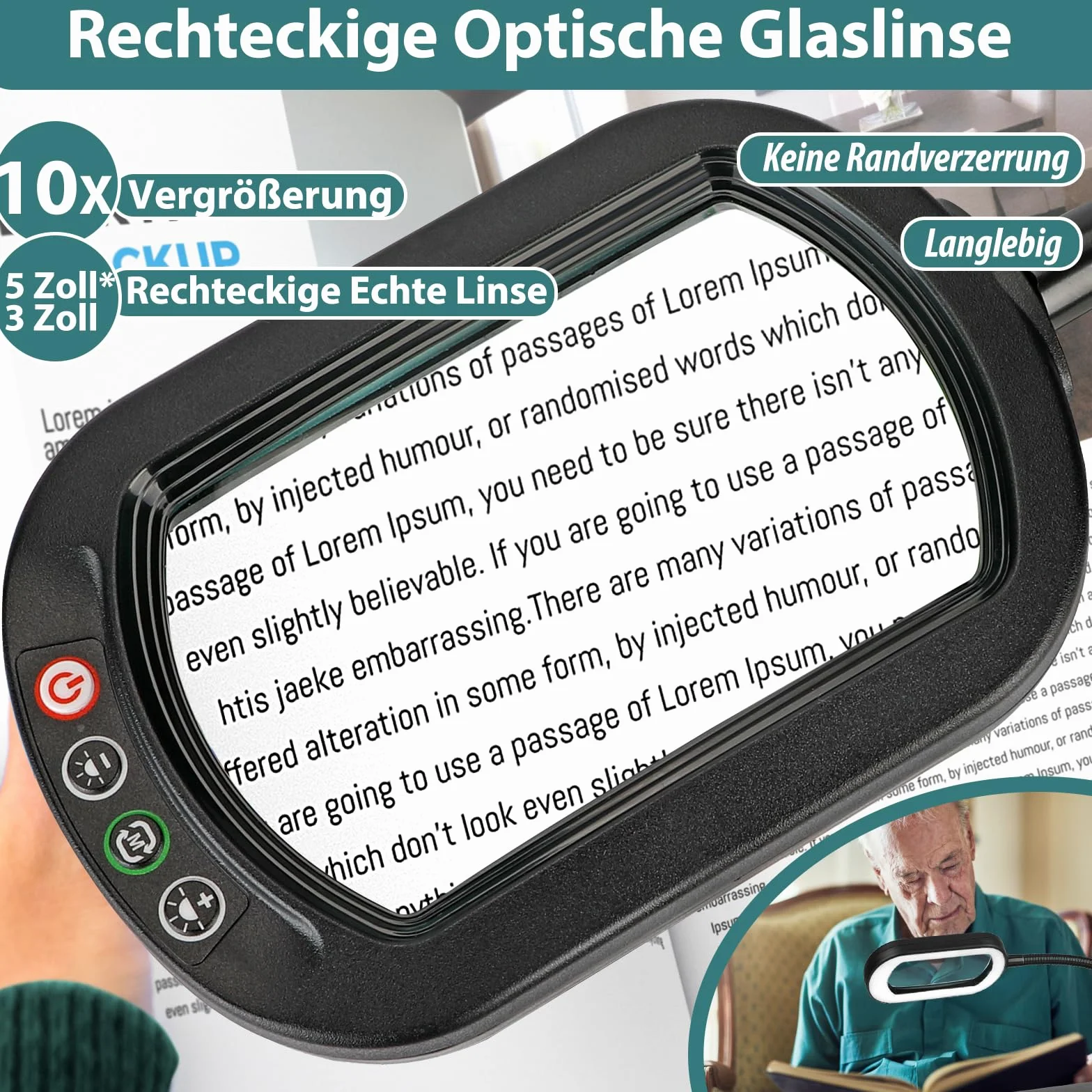 Drdefi 10X Rettangolare Lente di Ingrandimento con Luce LED, Lampada da Scrivania Flessibile con Collo di Cigno, 5 Modalità Colore