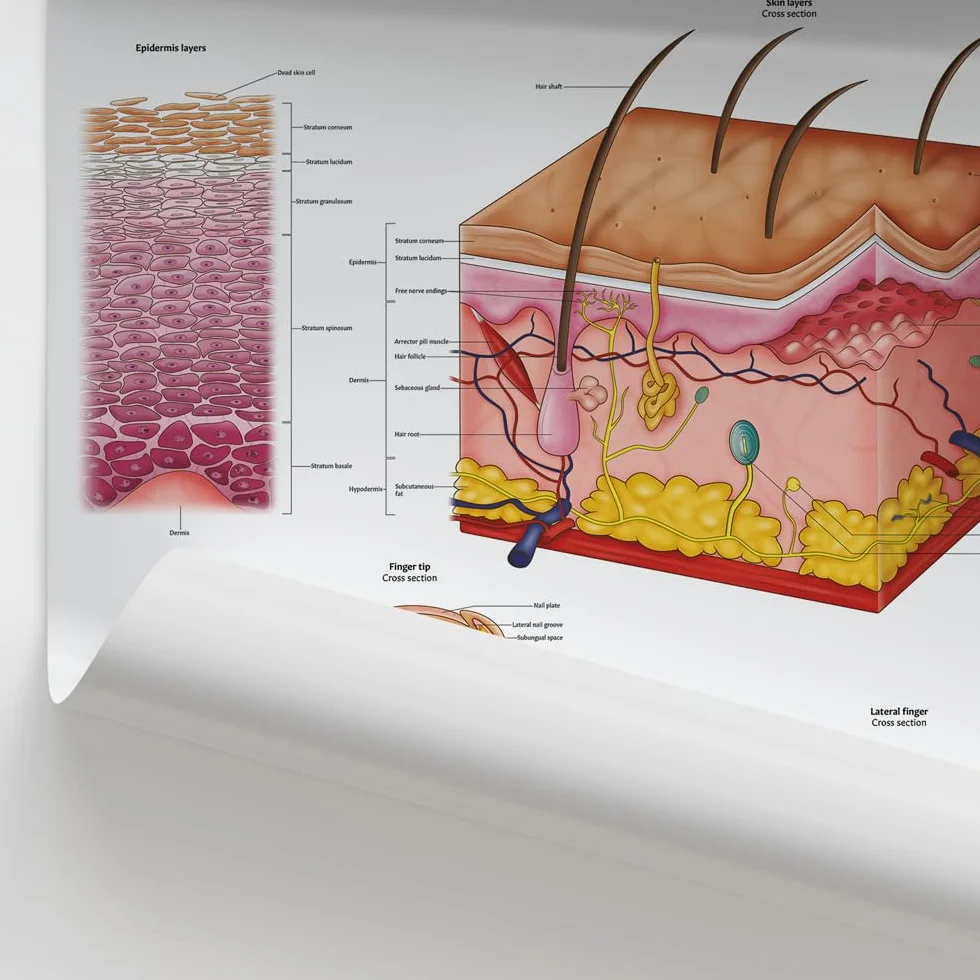 AnatomyStuff, grafico anatomico per pelle, capelli e unghie, 45 x 60 cm, 18 x 24 pollici, anatomia umana, sistema tegumentario, poster di dermatologia anatomica, strumento di apprendimento estetico