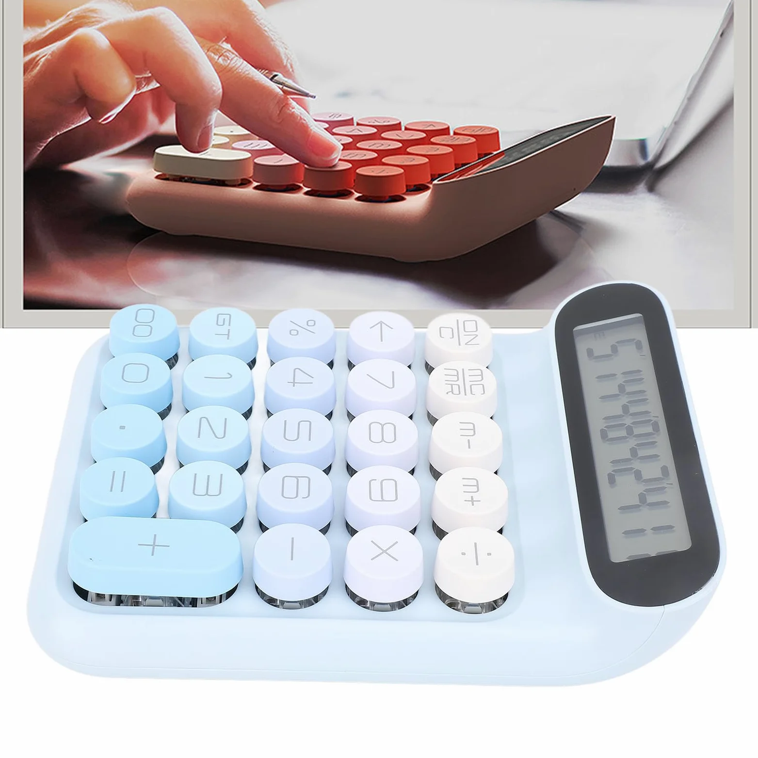 Calcolatrice con Interruttori Meccanici, Simpatica Calcolatrice con Ampio Display LCD a 10 Cifre, Simpatica Calcolatrice da Tavolo a 24 Tasti con Cuscinetti Antiscivolo per (BLUE)