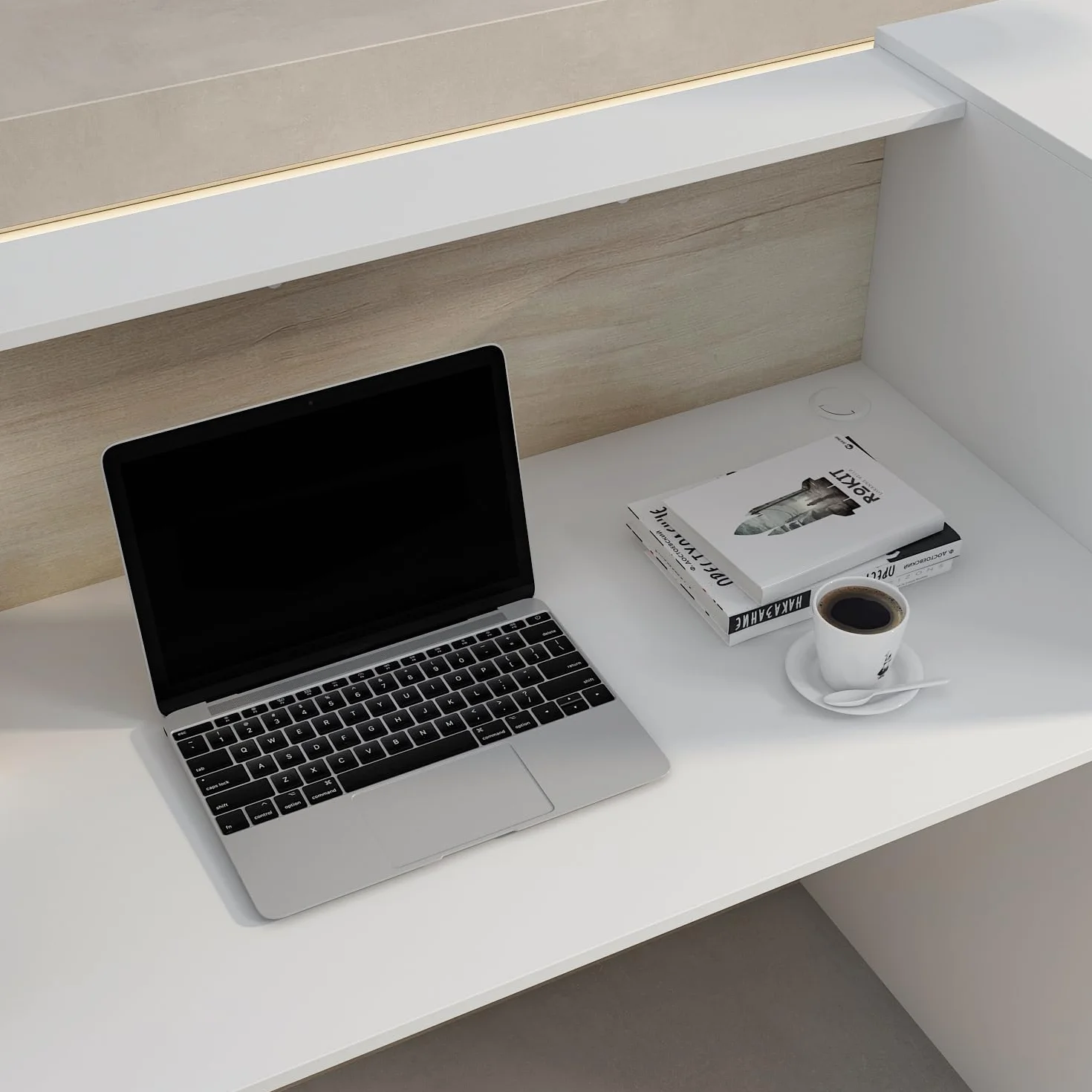 Banco di reception, grandi banchi con ripiani regolabili, bancone della reception, mobili da ufficio, colore legno e bianco, 180 x 60 x 110 cm, MDF, moderno ed elegante
