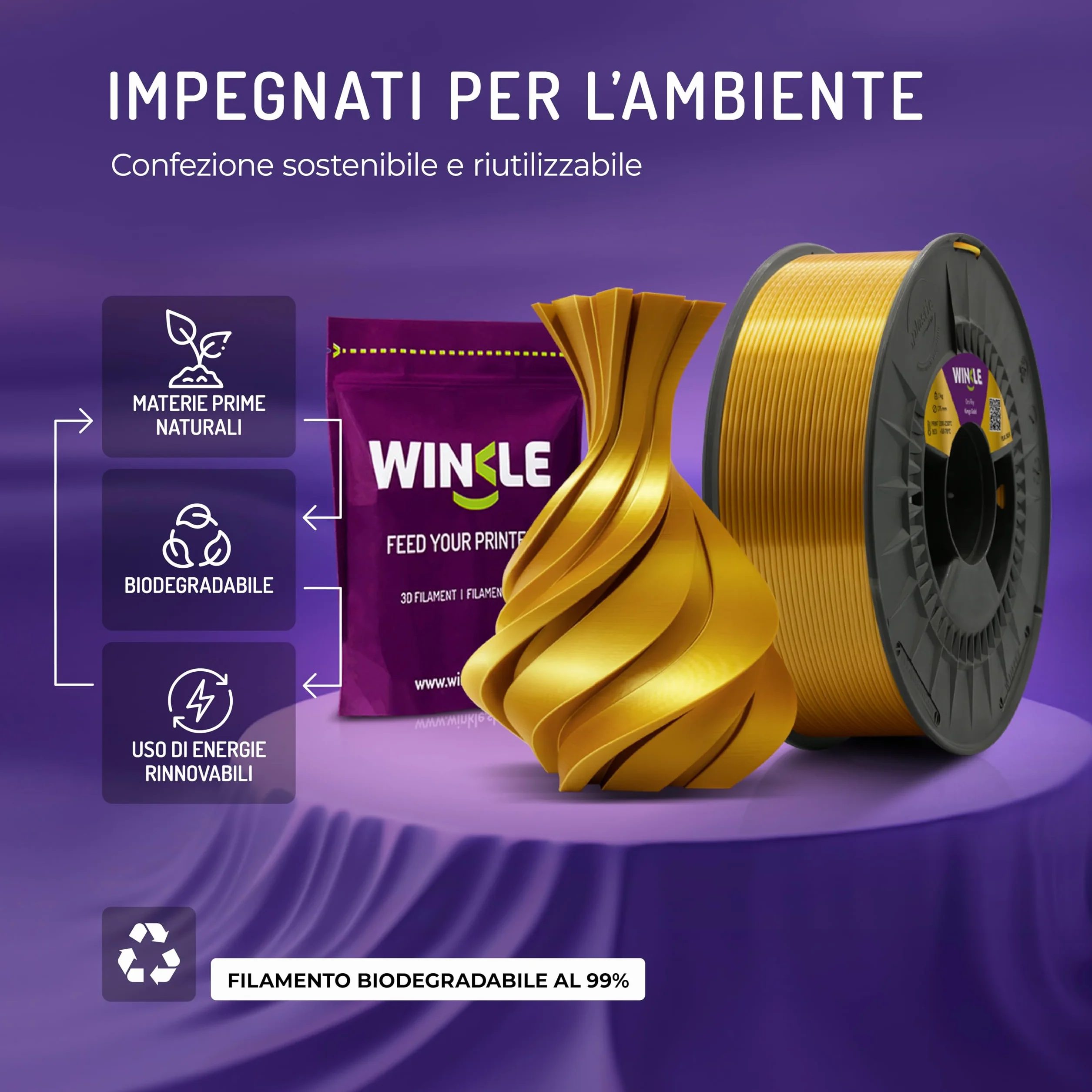 WINKLE Filamento PLA Silk 1.75mm Oro King 1kg per Stampante 3D FDM Precisione Dimensionale +/- 0.05mm