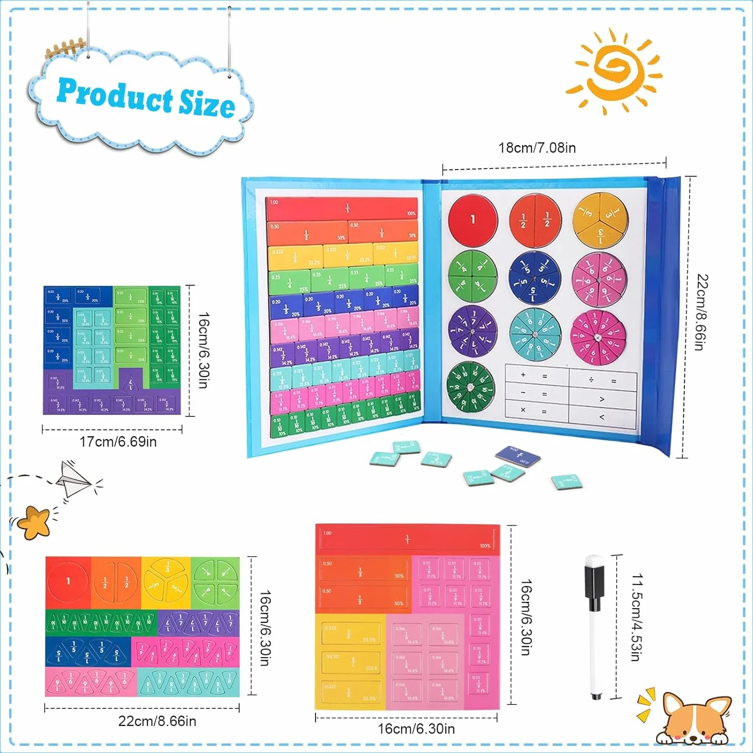 Puzzle Educativo Sulla Frazione Magnetica, Piastrelle Magnetiche Frazioni, Matematica Montessori Primaria, Set per Bambini