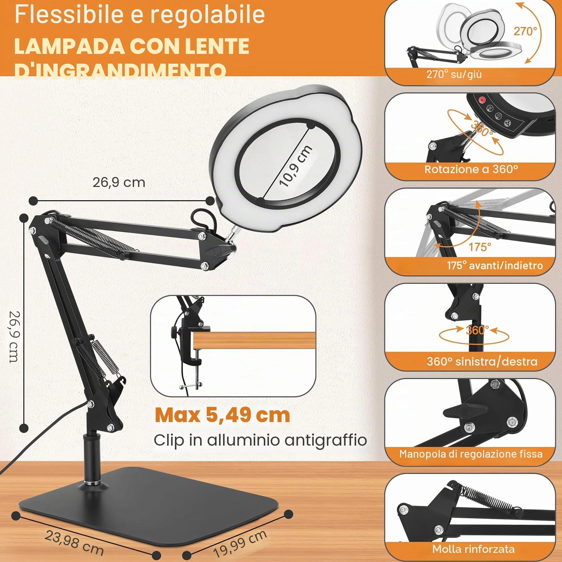 Lente d'ingrandimento con ingrandimento 15x, 5 temperature di colore e 10 livelli di luminosità, lente d'ingrandimento multifunzionale con bracci flessibili e testa Magnifying Glass