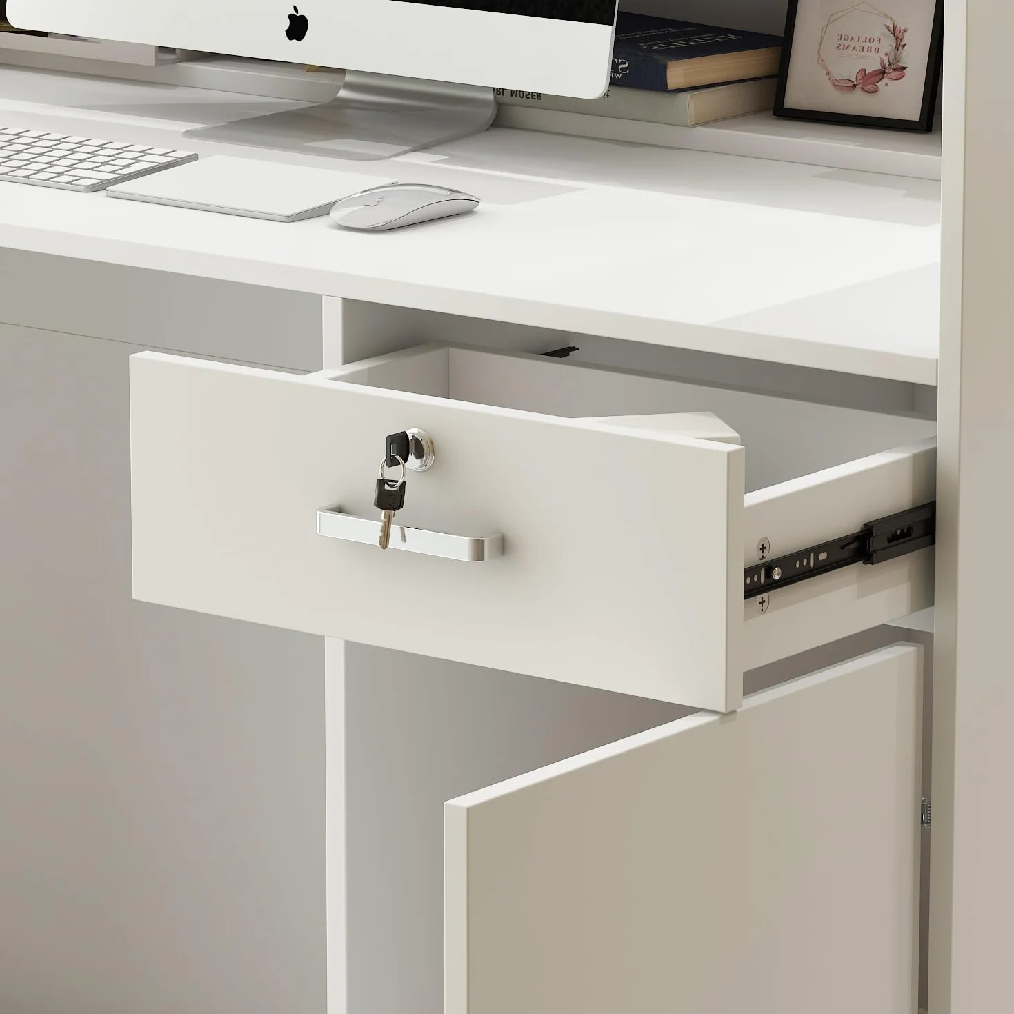 Banco di reception, banchi di reception, banchi di ricevimento con cassetti e armadi chiudibili, bancone con ripiani aperti regolabili, 140 x 60 x 110 cm, MDF, bianco, HUPODE250005-0001