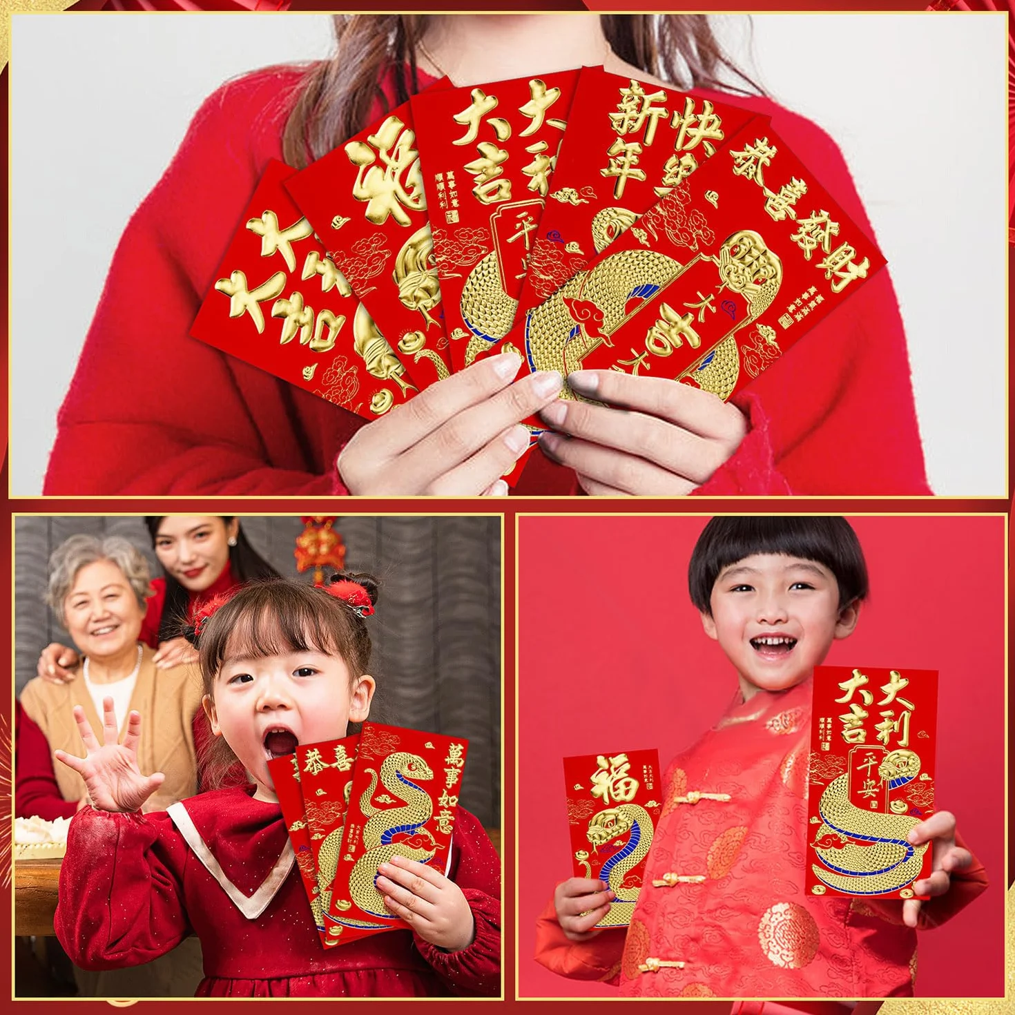 Buste Rosse per Capodanno Cinese 2025 con 50 Monete Feng Shui 16,8x9cm Hong Bao Serpente 6 Motivi Rilievo Dorati