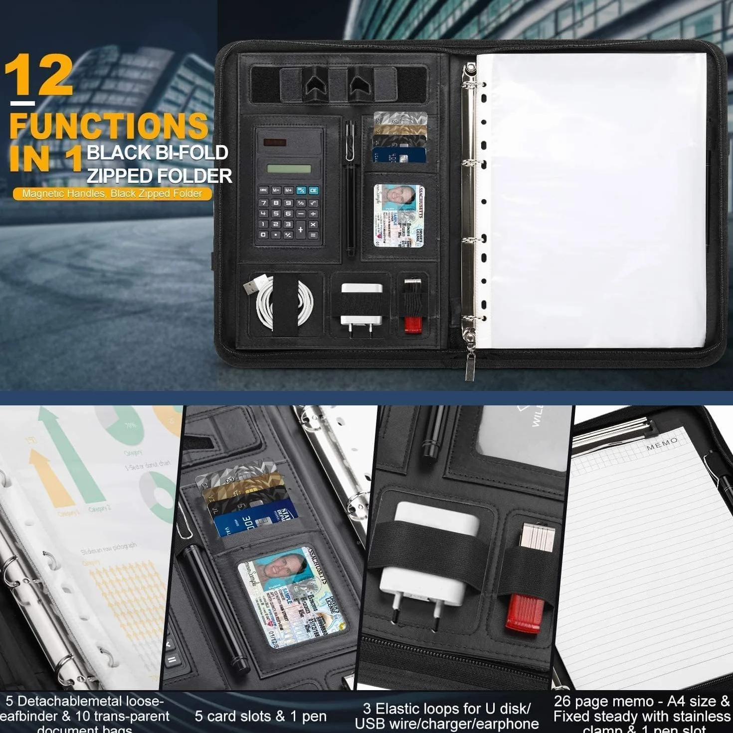Cartella portadocumenti A4 in pelle con calcolatrice, raccoglitore ad anelli, manici magnetici pieghevoli, supporto tablet e smartphone