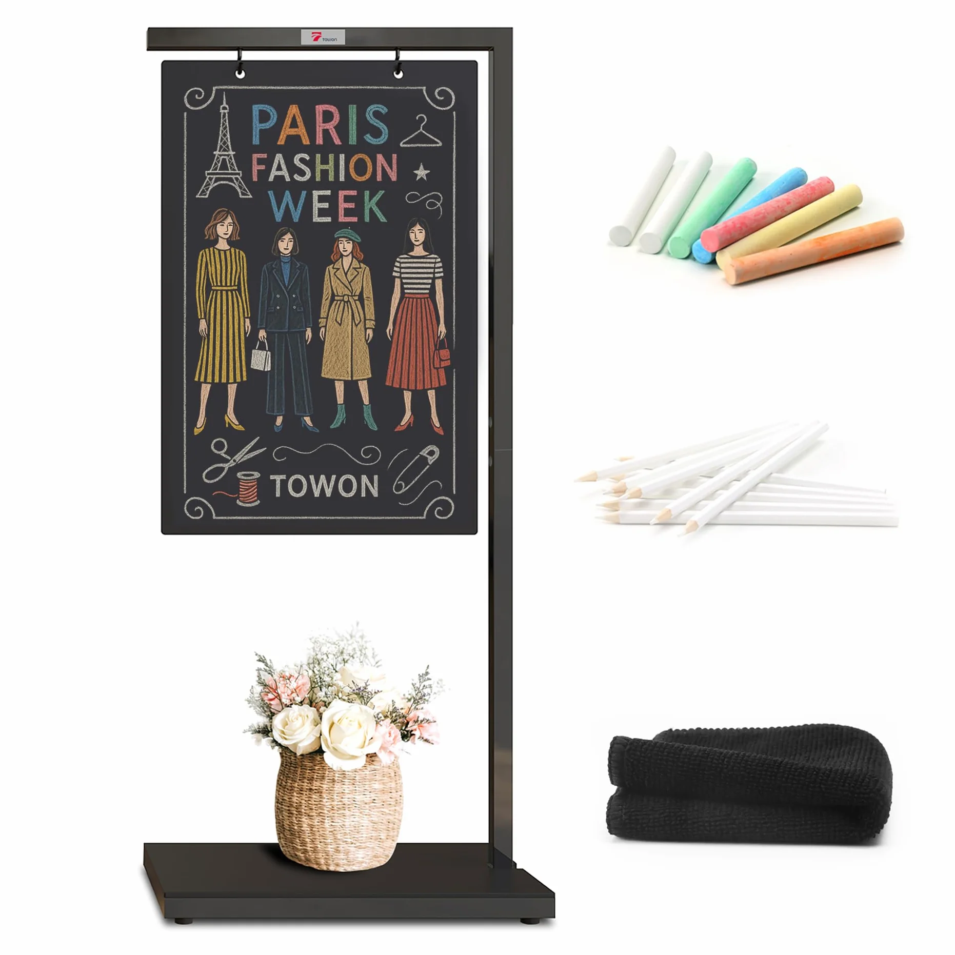 Towon - Grande lavagna da terra con cavalletto in metallo nero, lavagna per gesso da appendere all'aperto con base in metallo per caffè, bar, bistrot, fiorista o matrimonio, portatile e doppia faccia