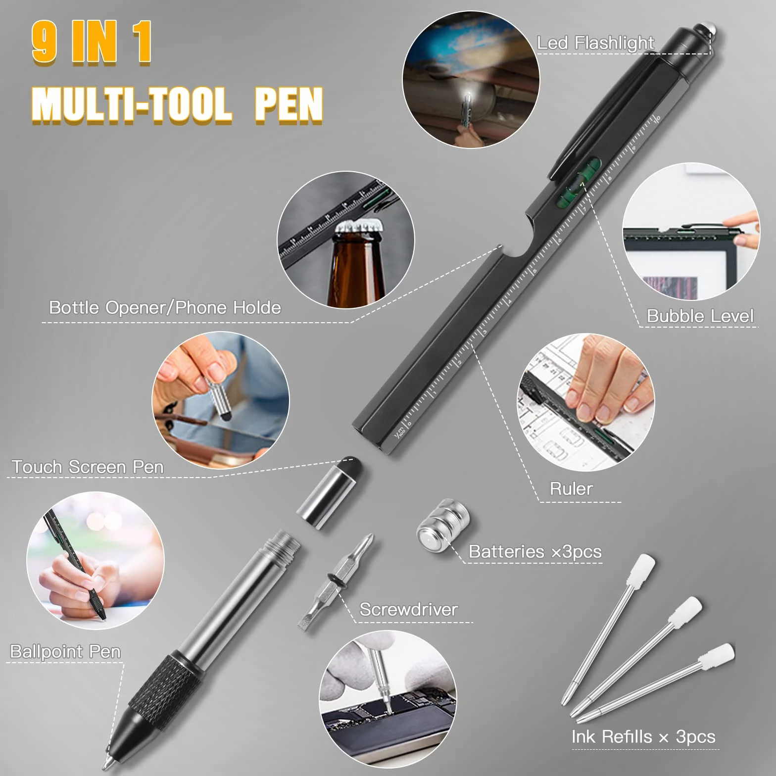 Vinabo 9 in 1 Penna Multifunzione Regalo Uomo Natale Gadget Tecnologici per Lui