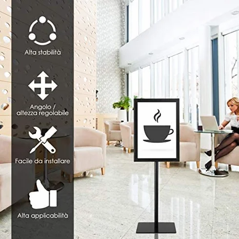 GYMAX A3 Stand Poster Menù, Supporto per Informazioni, Espositore da Terra, Altezza Regolabile, Pannello Girevole, Porta Pubblicità Ideale per Negozio, Ristorante e Bar, in Acciaio INOX (Nero)