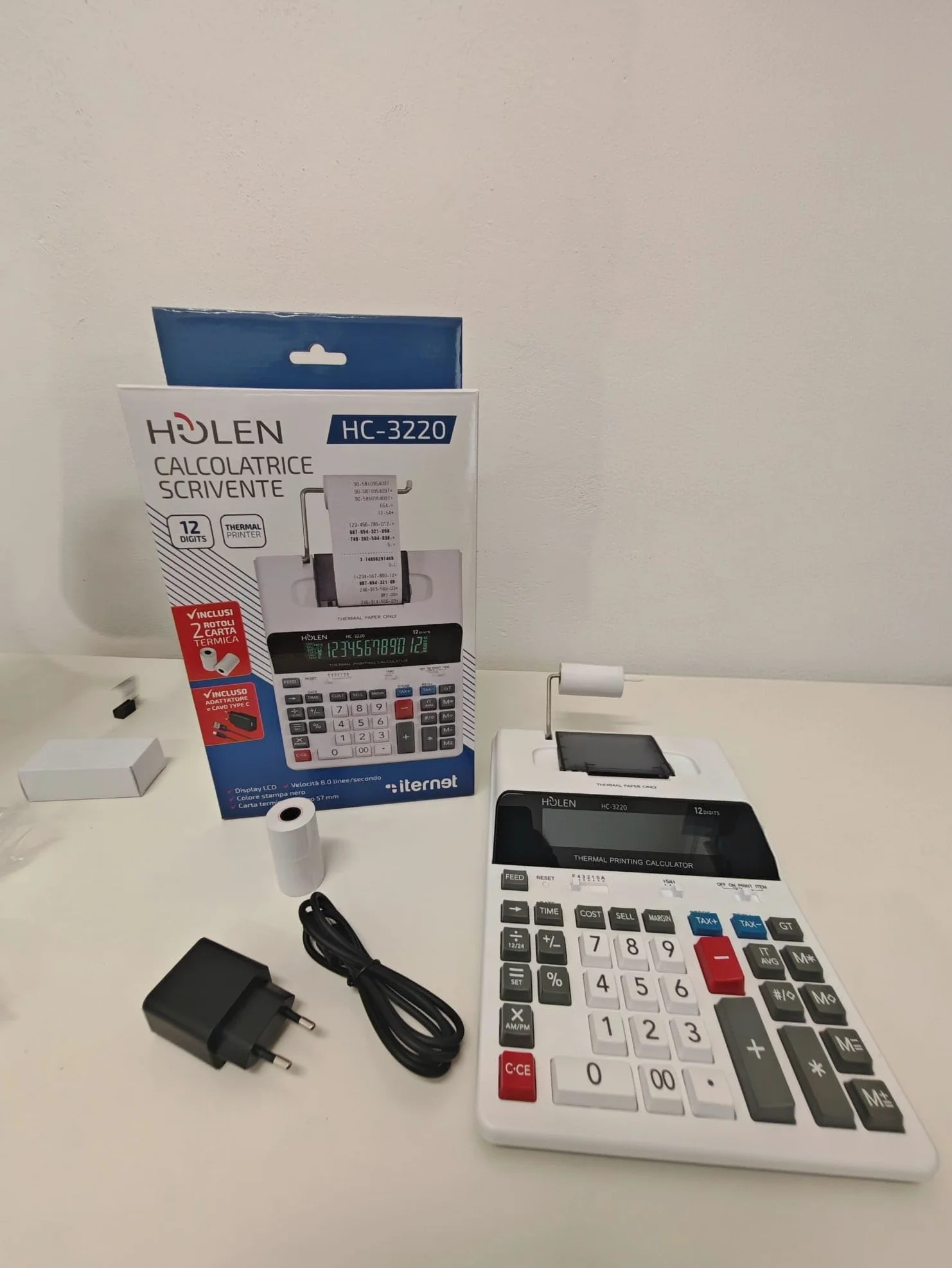 Holen HC-3220 Calcolatrice Termica con Display LCD, 12 Cifre, Stampante Integrata, Funzioni Business, Bianco