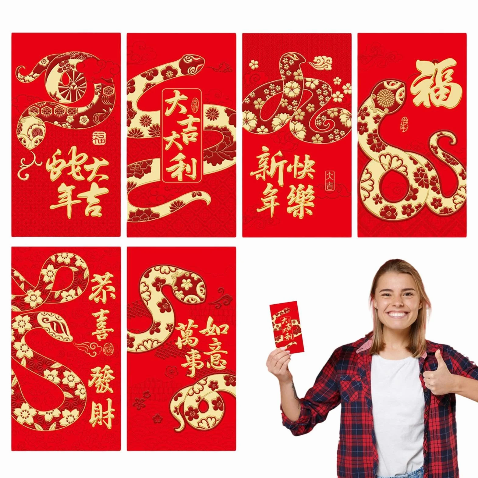 Buste rosse serpente 2025 lamina d'oro cinese Capodanno 6 pacchetti Hong Bao Spring Festival