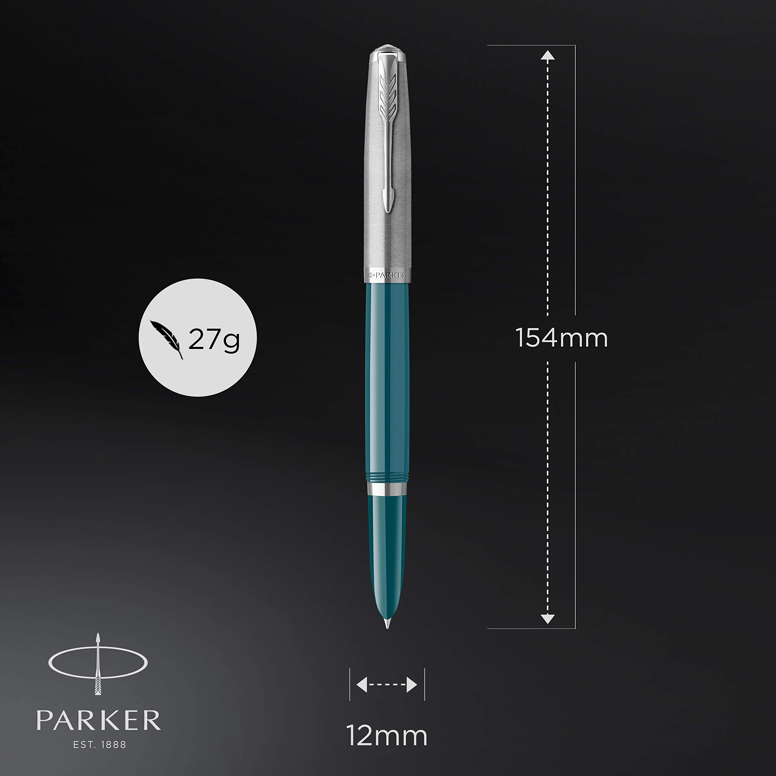 Parker 51 penna stilografica | Corpo blu foglia di tè con finiture cromate | Punta media con ricarica di inchiostro nero | Confezione regalo
