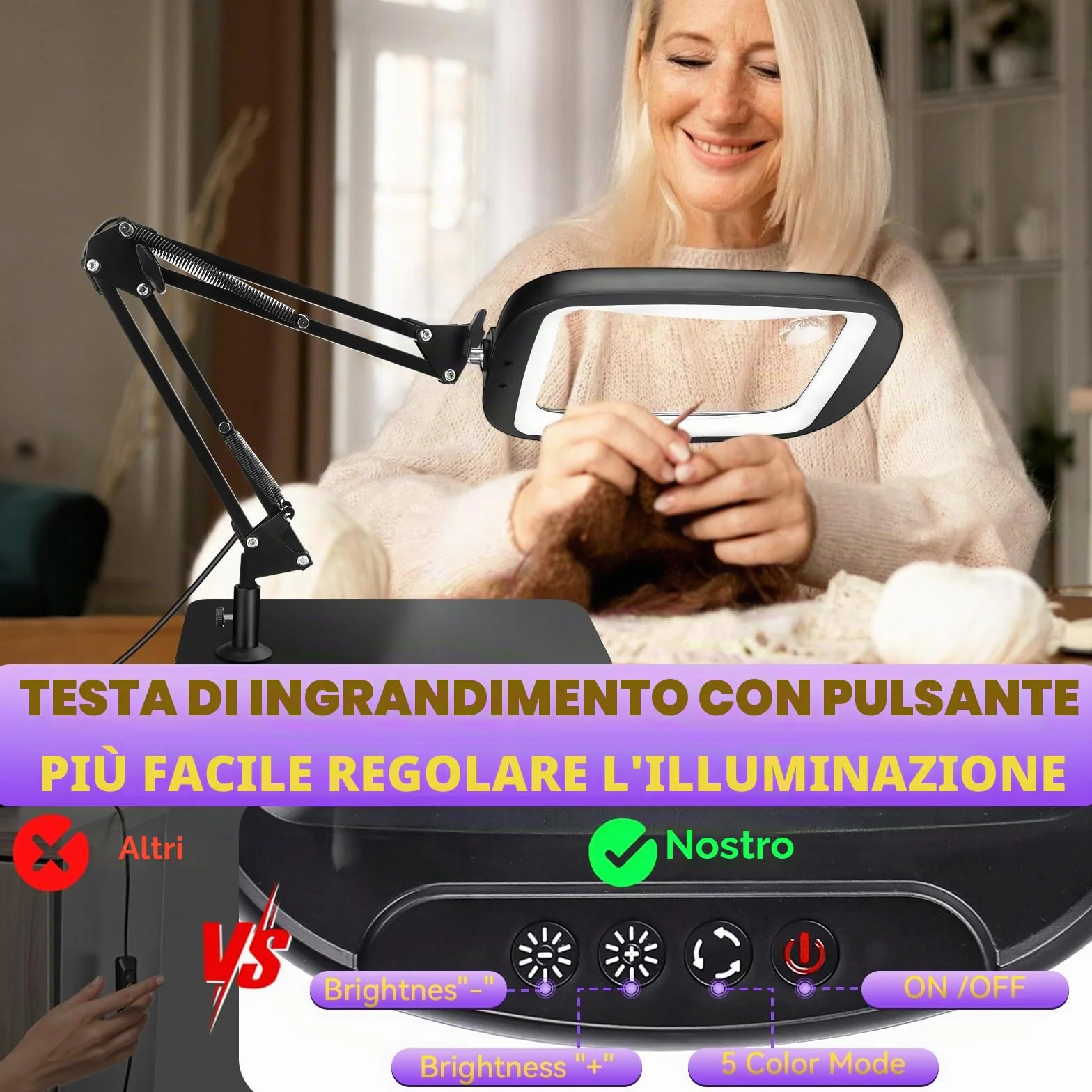 Lente di Ingrandimento con Luce LED 10X 30X, 5 Modalità Colore, Lampada da Scrivania per Lettura Hobby