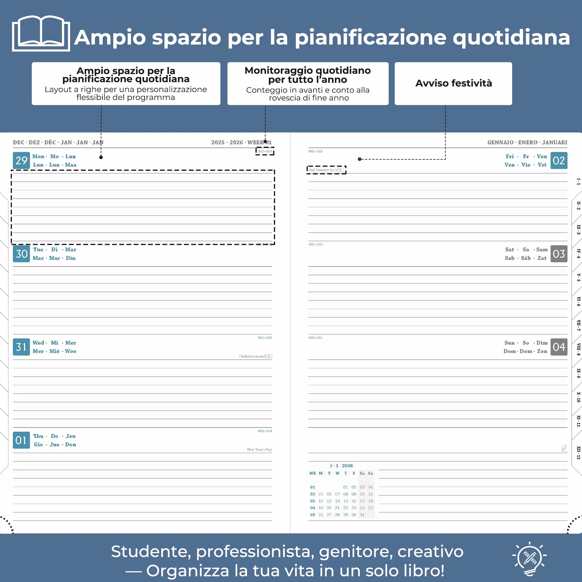 Agenda 2026 A4: Diario ad anelli 29x21,7 cm, Pianificatore settimanale & giornaliero, 12 mesi Gen–Dic, carta 100 g/m², pelle PU Blu marino