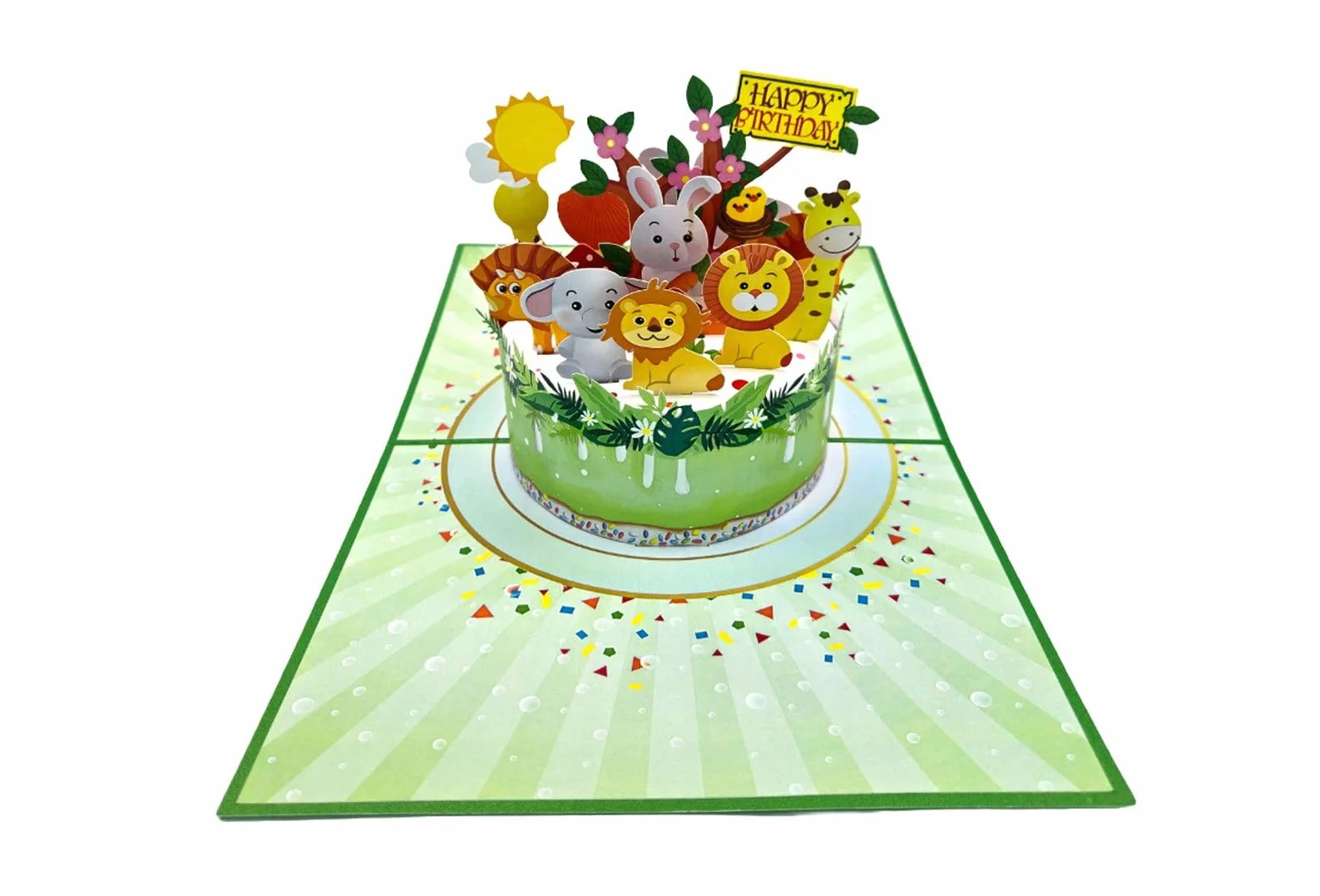 Biglietto di auguri pop-up 3D Animali sulla torta Compleanno bambini 15 x 20 cm Safari Animali con busta