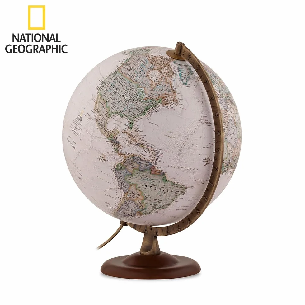 Tecnodidattica - Mappamondo National Geographic Gold Executive | Cartografia Fisico-Politica Stile Antico | Luminoso | Base in Legno e Meridiano in Metallo | Testi in Italiano | Diametro 30 cm