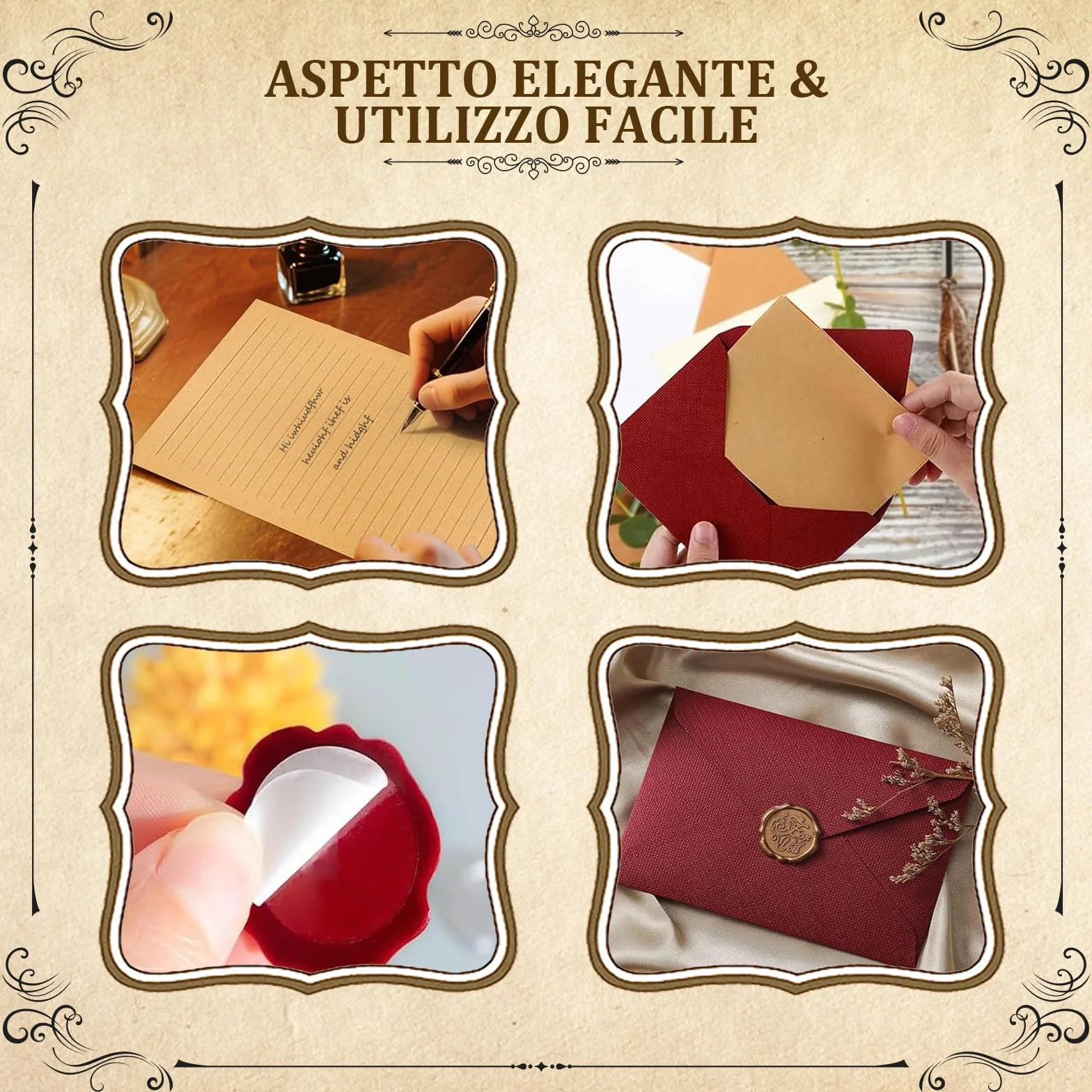 Set Carta da Lettere Vintage 36 Fogli A5 con 8 Buste Lino e Sigilli Cera Kraft