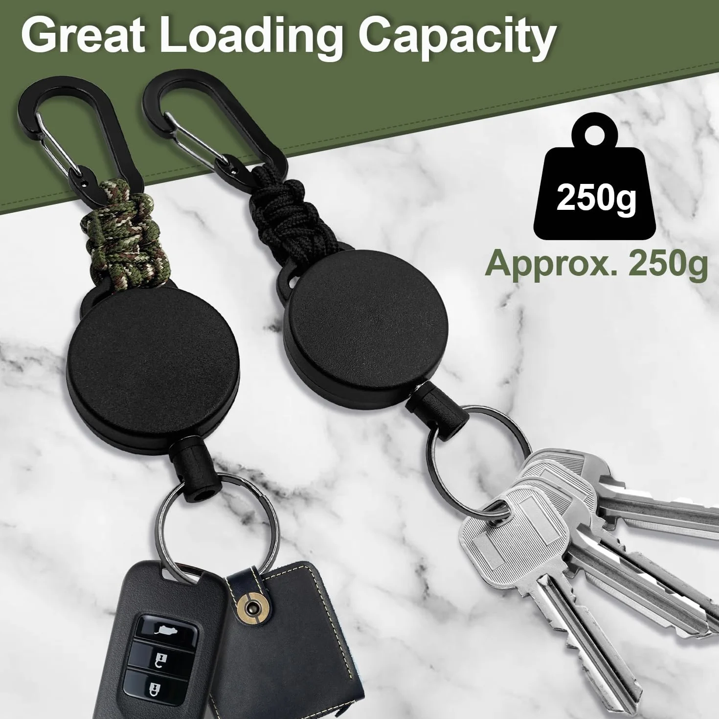 Porta Badge Retrattile Portachiavi Allungabile 60cm Filo Acciaio 2 Pezzi Nero+Verde