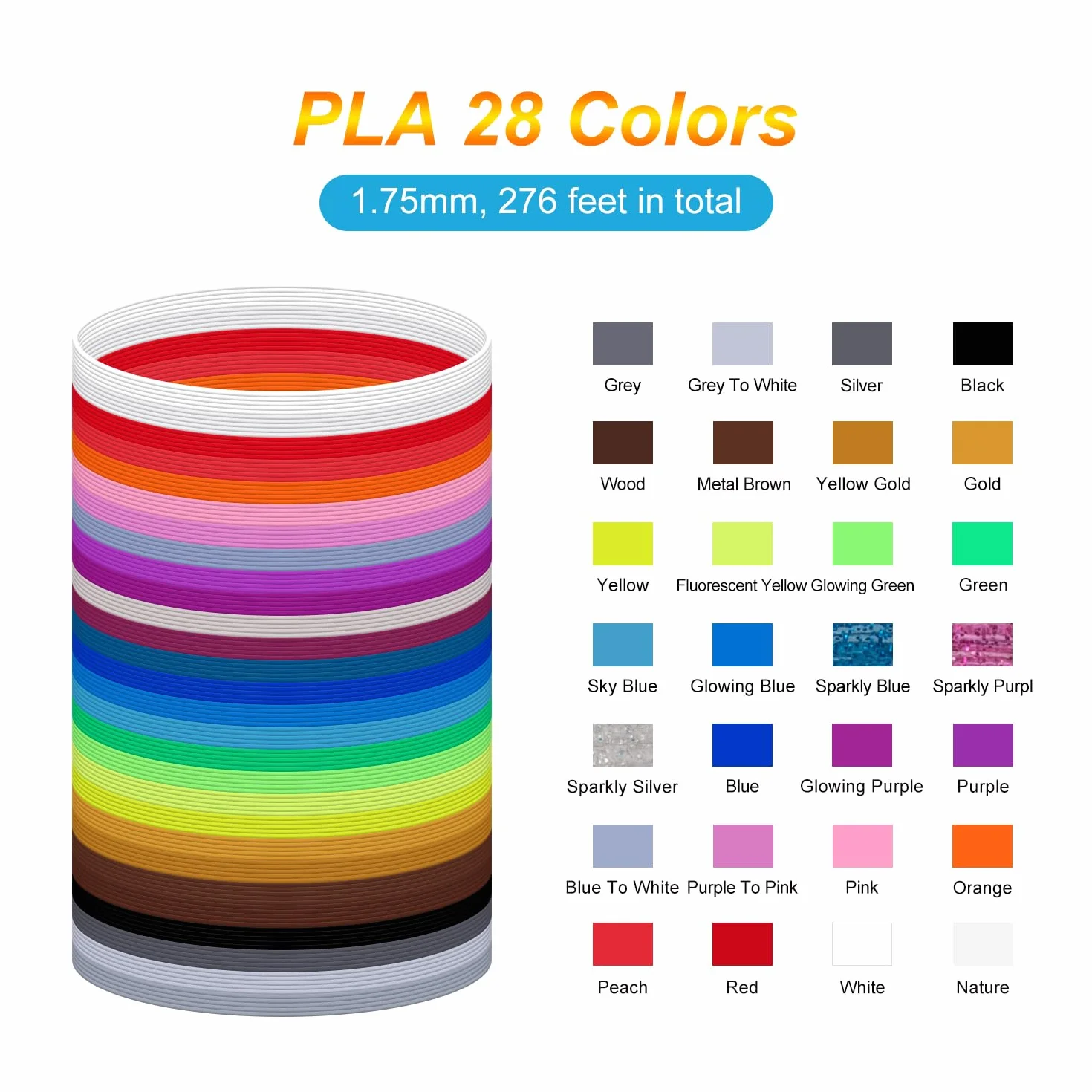 Kretrum 28 Colori Filamento Penna 3D PLA 1.75mm 3M Totale 276 Piede Glow Sparkly