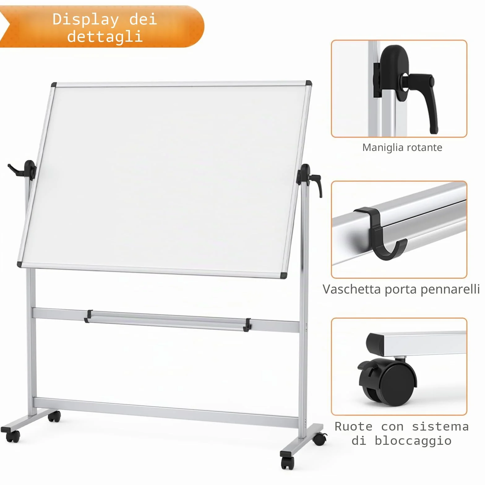 VIZ-PRO Lavagna Bianca Mobile con Supporto, Doppia Faccia, Cornice in Alluminio, 120 x 90 cm