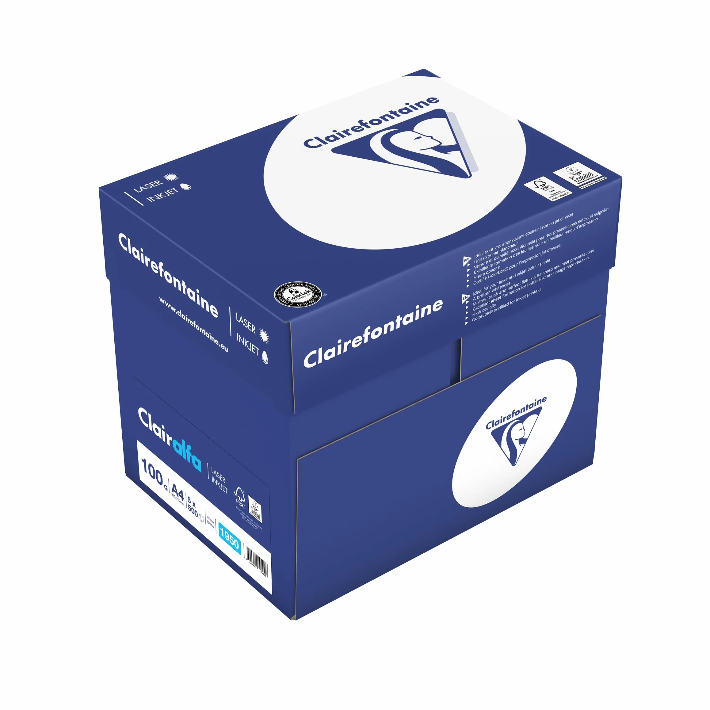 Clairefontaine Clairalfa 1950C 2000 fogli di carta bianca formato A4, 100 g al m2, confezione con 4 risme da 500 fogli, colore: bianco (171 CIE)
