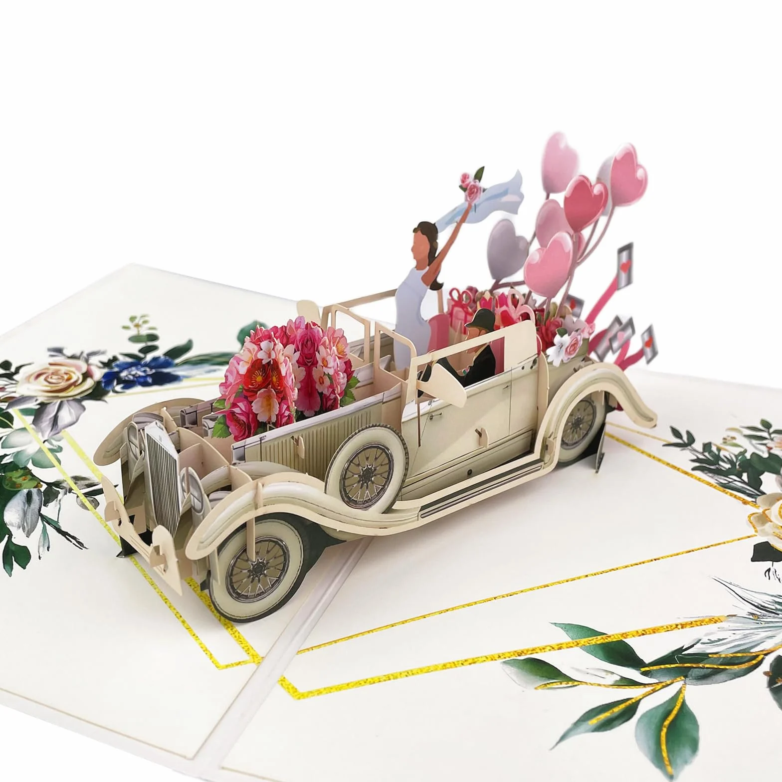 Elegante Biglietto Pop-Up 3D con Auto Just Married per Matrimonio, Regalo in Denaro per Viaggio di Nozze