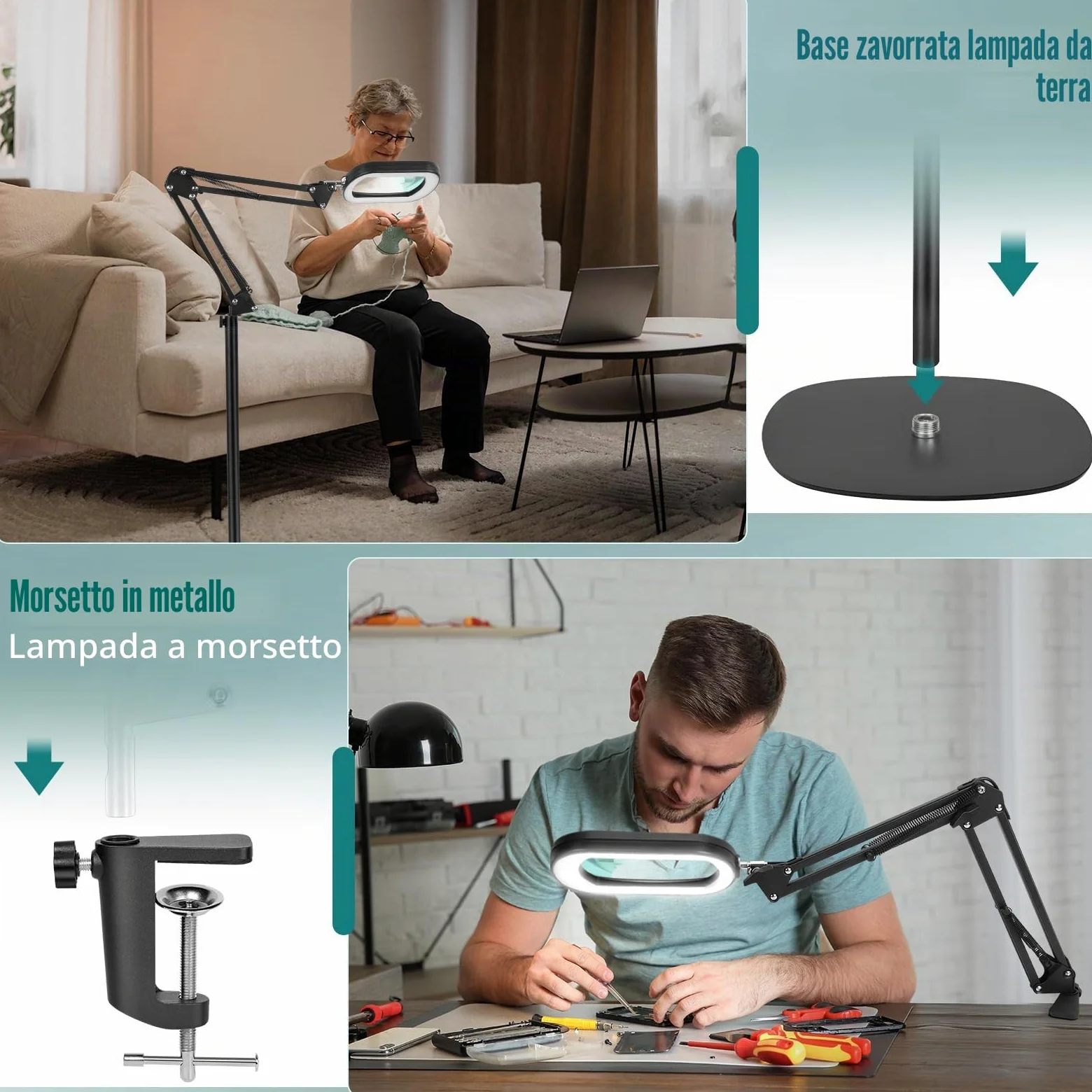 Lente d'ingrandimento 10X con luce e supporto, lampada da terra con lente d'ingrandimento 3 in 1, 5 modalità di colore, lampada con lente d'ingrandimento dimmerabile per pittura e cucito.
