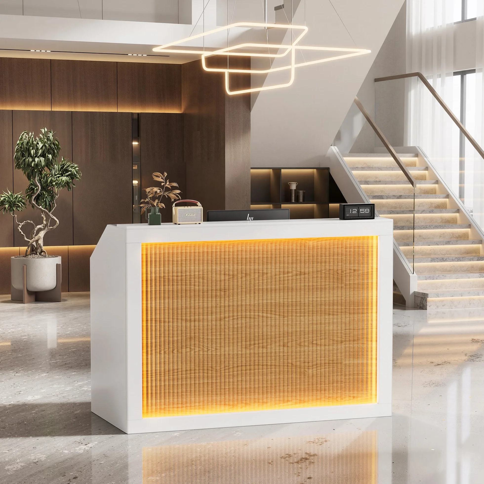 MSFE Bancone Reception con LED,Banco Reception con Cassetto,Armadio,Ripiani Aperti e Prese,Bancone Ufficio per Reception per Parrucchiere, Centro Estetico, Negozio, Hotel e Ufficio,140 * 60 * 110CM