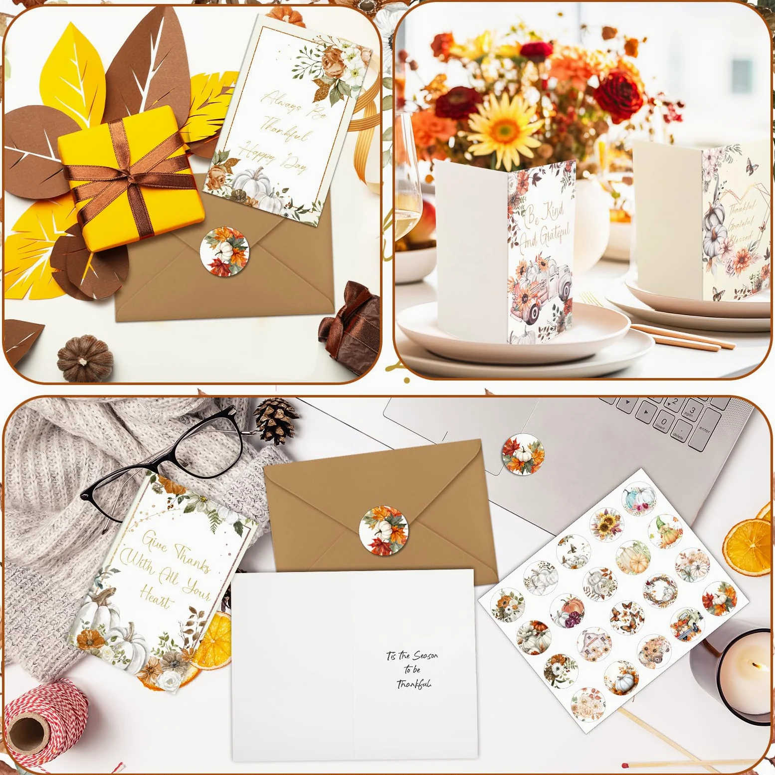 Motiskyy Set di 80 biglietti d'auguri con buste e 4 fogli di adesivi con zucca autunnale e girasole, biglietti di auguri per amanti, amici, familiari, dipendenti, colleghi, regali