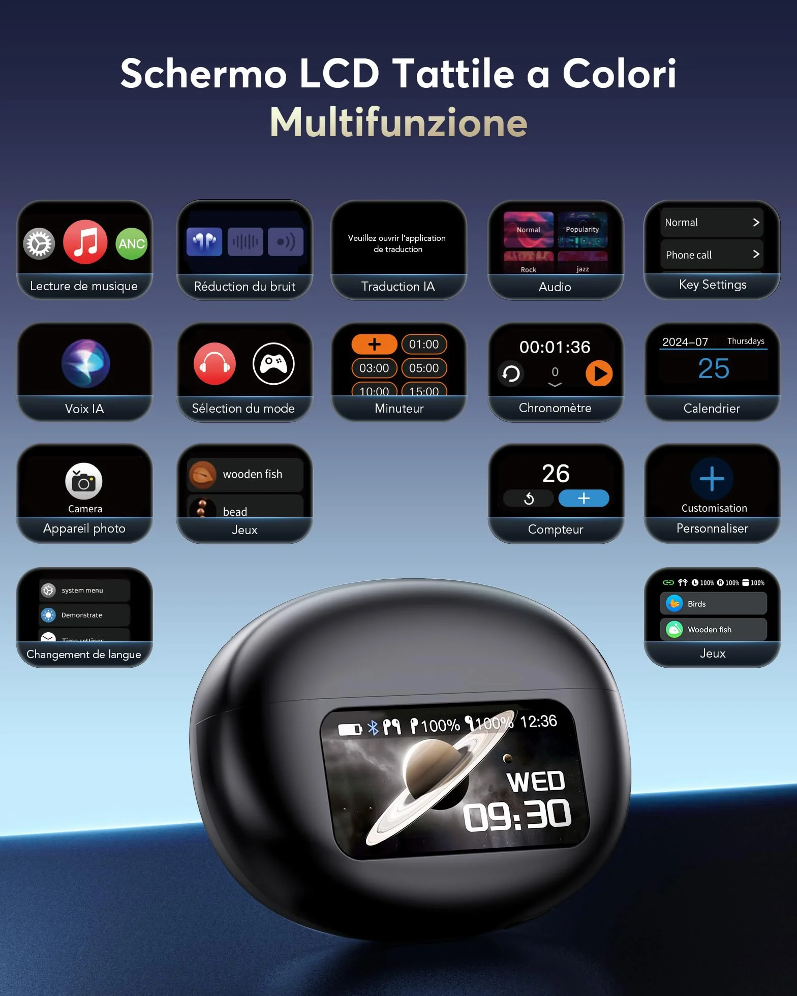 AI Cuffie Traduzione Simultanea, Auricolari Bluetooth 5.4 con schermo LED, 3 in 1 Cuffie Traduzione Bluetooth con ENC, 144 Lingue Auricolari Traduttori Istantanei Vocali Gratuite, per Viaggi/Affari