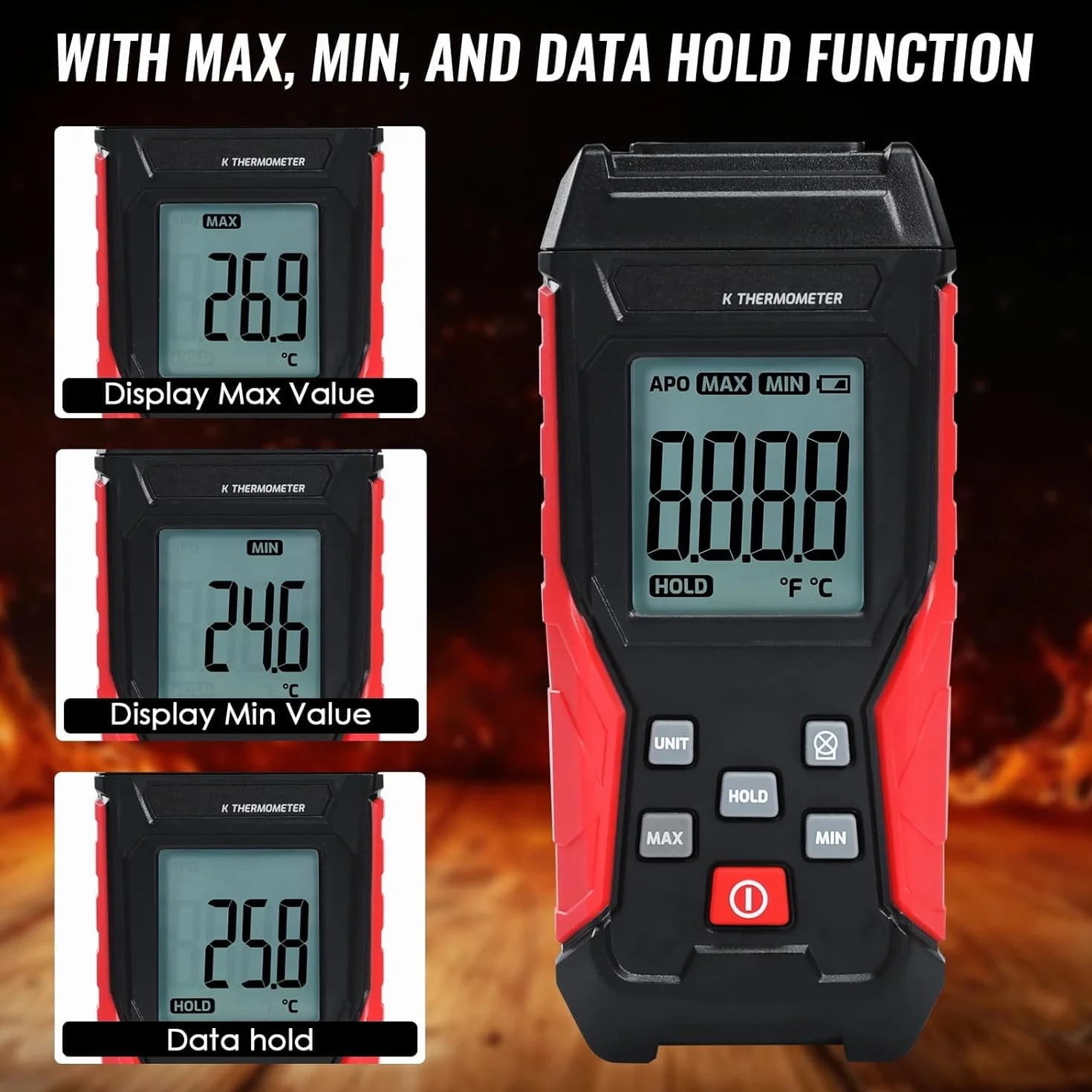 Termometro Digitale a Termocoppia Tipo K -328°F ~ 2501°F con Display LCD Retroilluminato Max/Min per HVAC