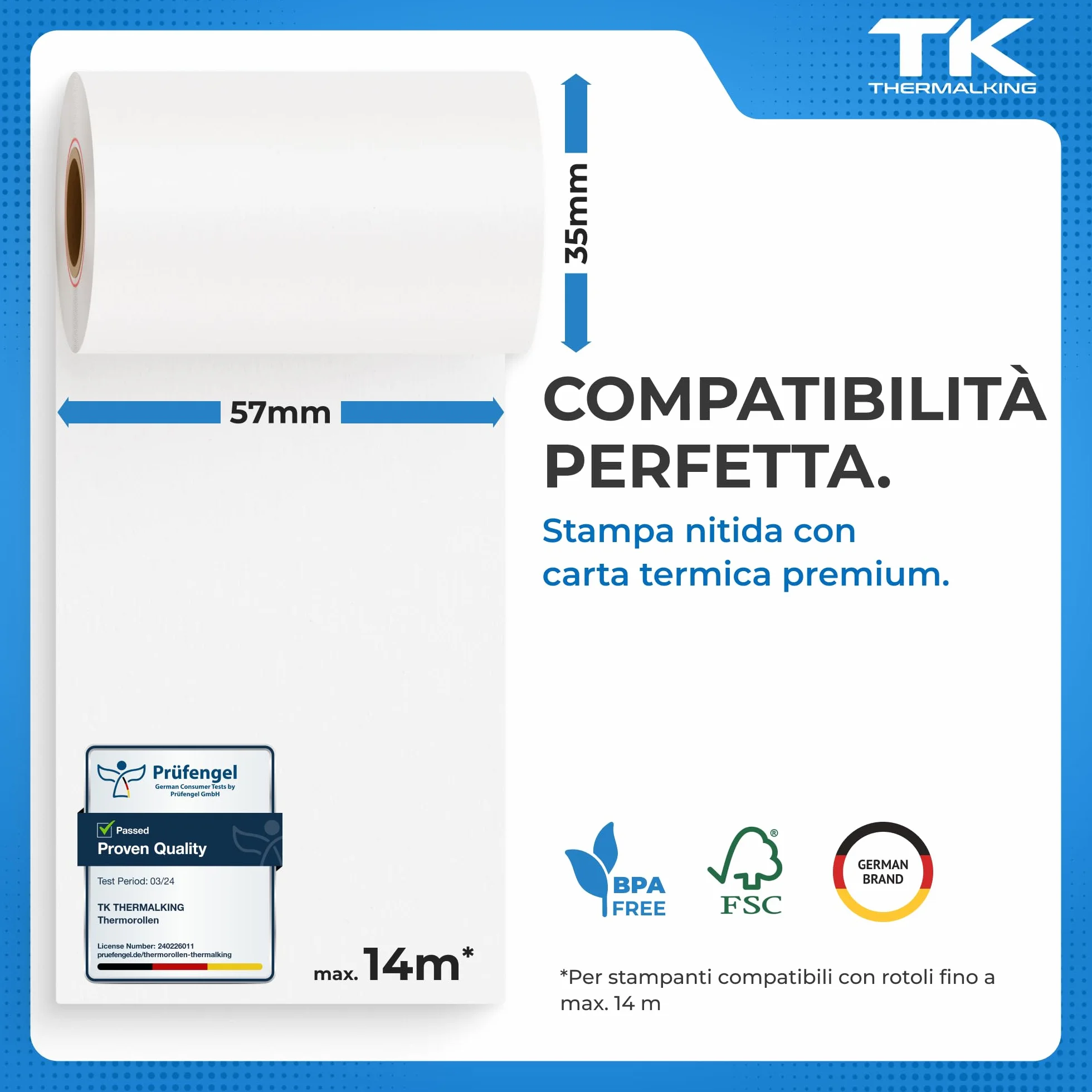 THERMALKING - Rotoli POS 57x35x12 di carta termica per ricevute Bancomat - Rotolini compatibili con dispositivi POS - Rotolo carta termica 57mm x 14m x 12mm - [50x]