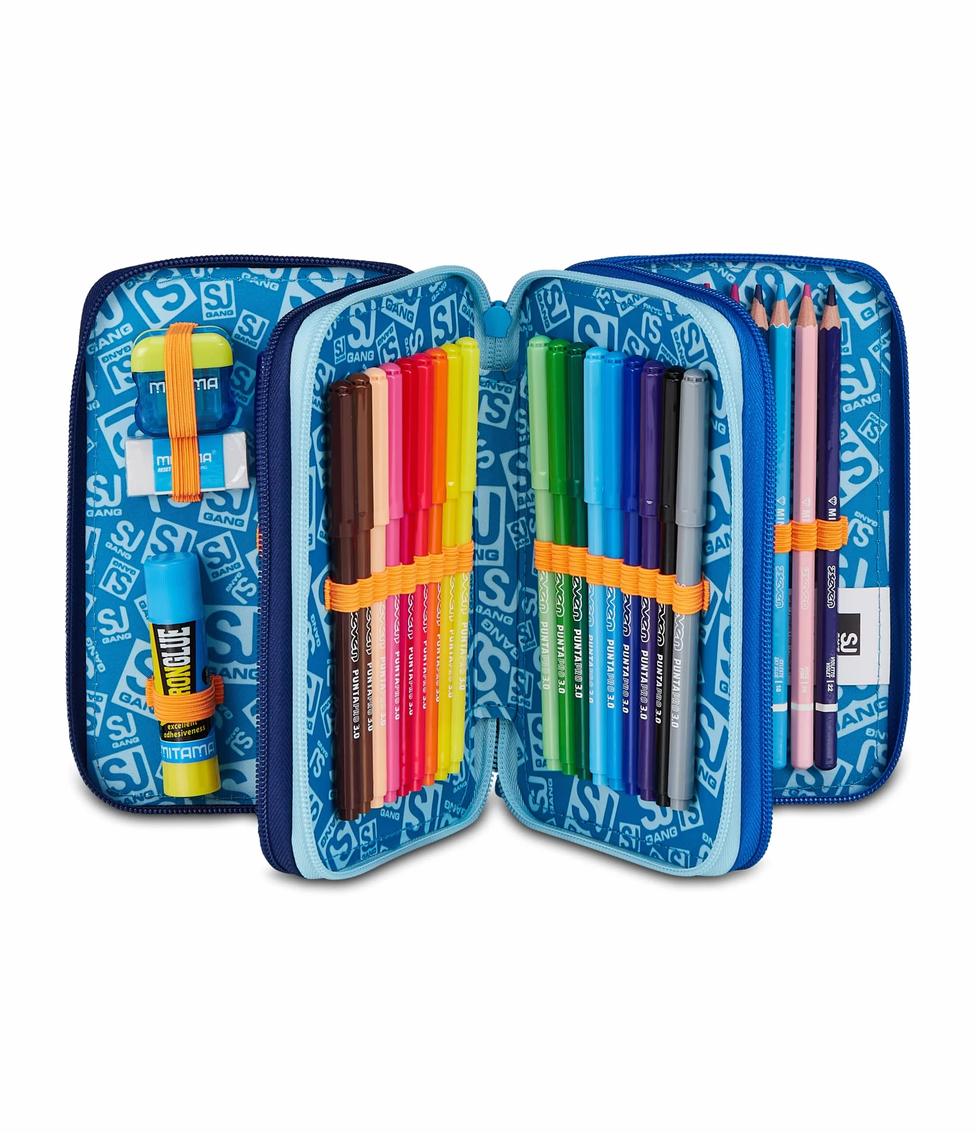SJ GANG STYLE JAM GANG Astuccio Scuola 3 Zip SPACE LED BOY, Blu, Triplo Scomparto, 45 pezzi, Set cancelleria incluso, Pratica chiusura con zip, Scuola elementare, Bambino