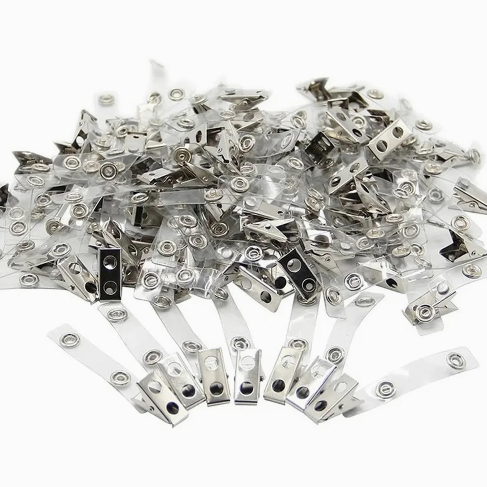 Clip per badge in metallo con cinghie in PVC trasparente, 200 pezzi, porta badge, accessori clip trasparente per targhetta identificativa con nome a doppio foro, clip per carte per personale