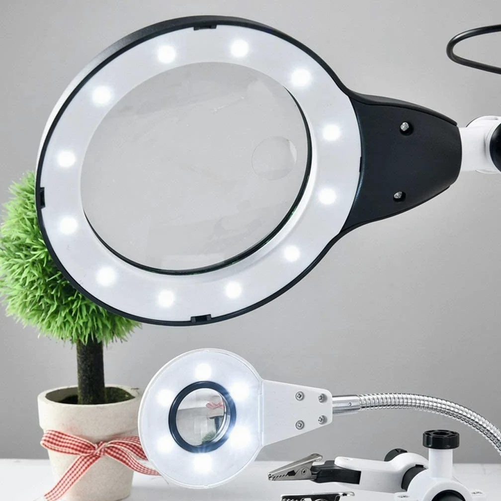Lente d'Ingrandimento e Lampada da scrivania, Supporto con Lente d'Ingrandimento, Morsetto e Clip a Coccodrillo.,