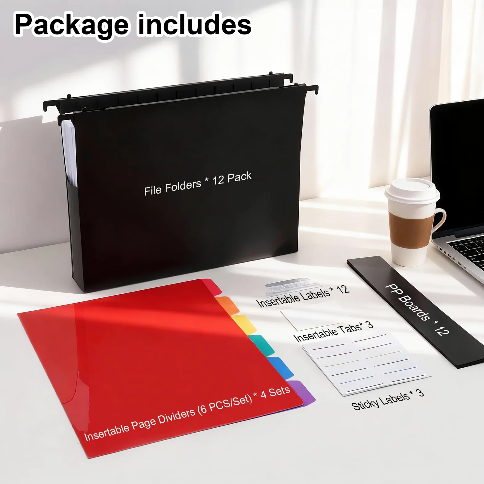Uquelic Cartelle sospese formato A4, confezione da 12 cartelle sospese, capacità extra con linguette e divisori colorati, espansione da 5 cm, cartelle sospese in plastica, per scuola, casa e ufficio
